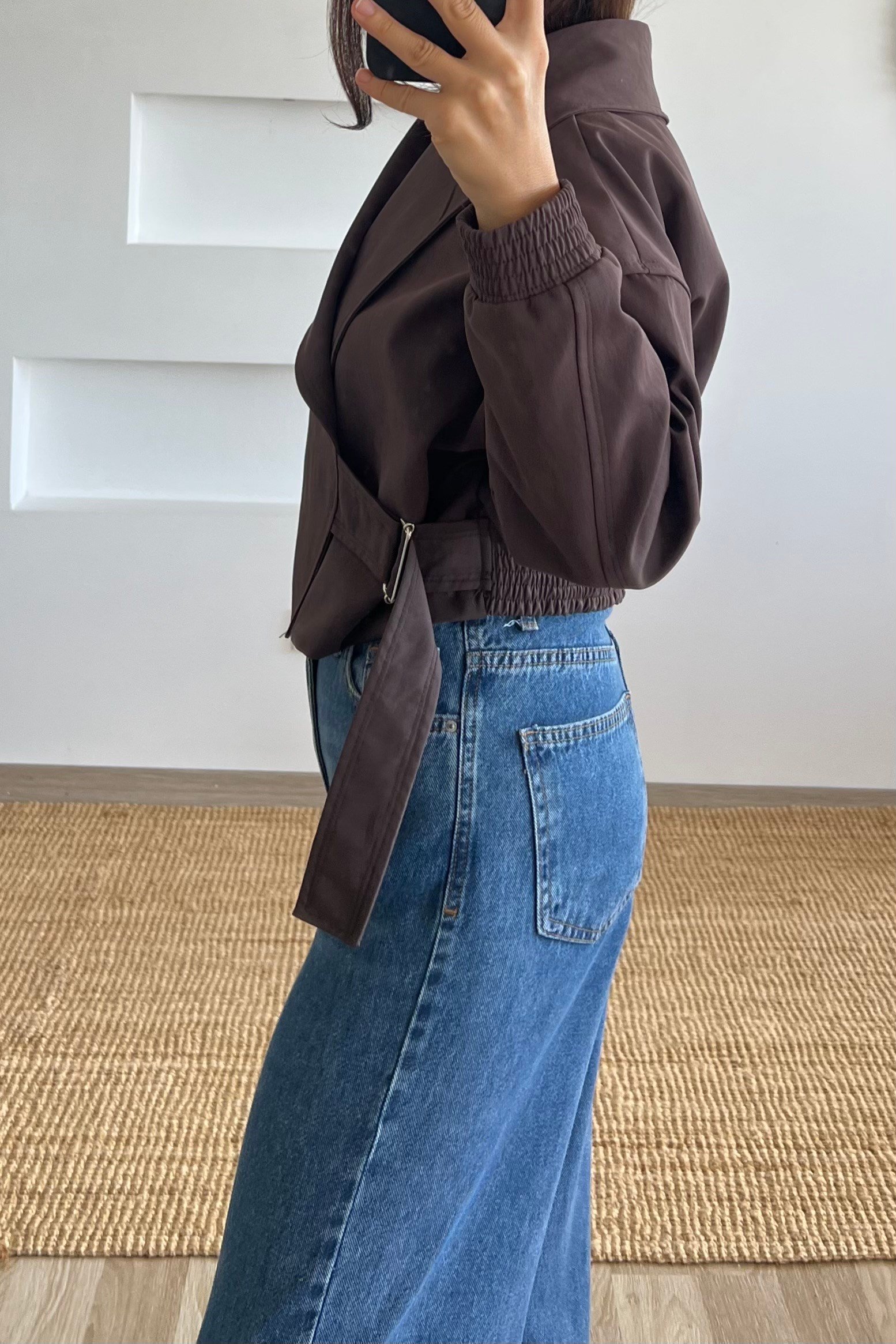 Kahverengi Şal Yaka Crop Trençkot uygun fiyatlarda www.butikhola.com adresinde