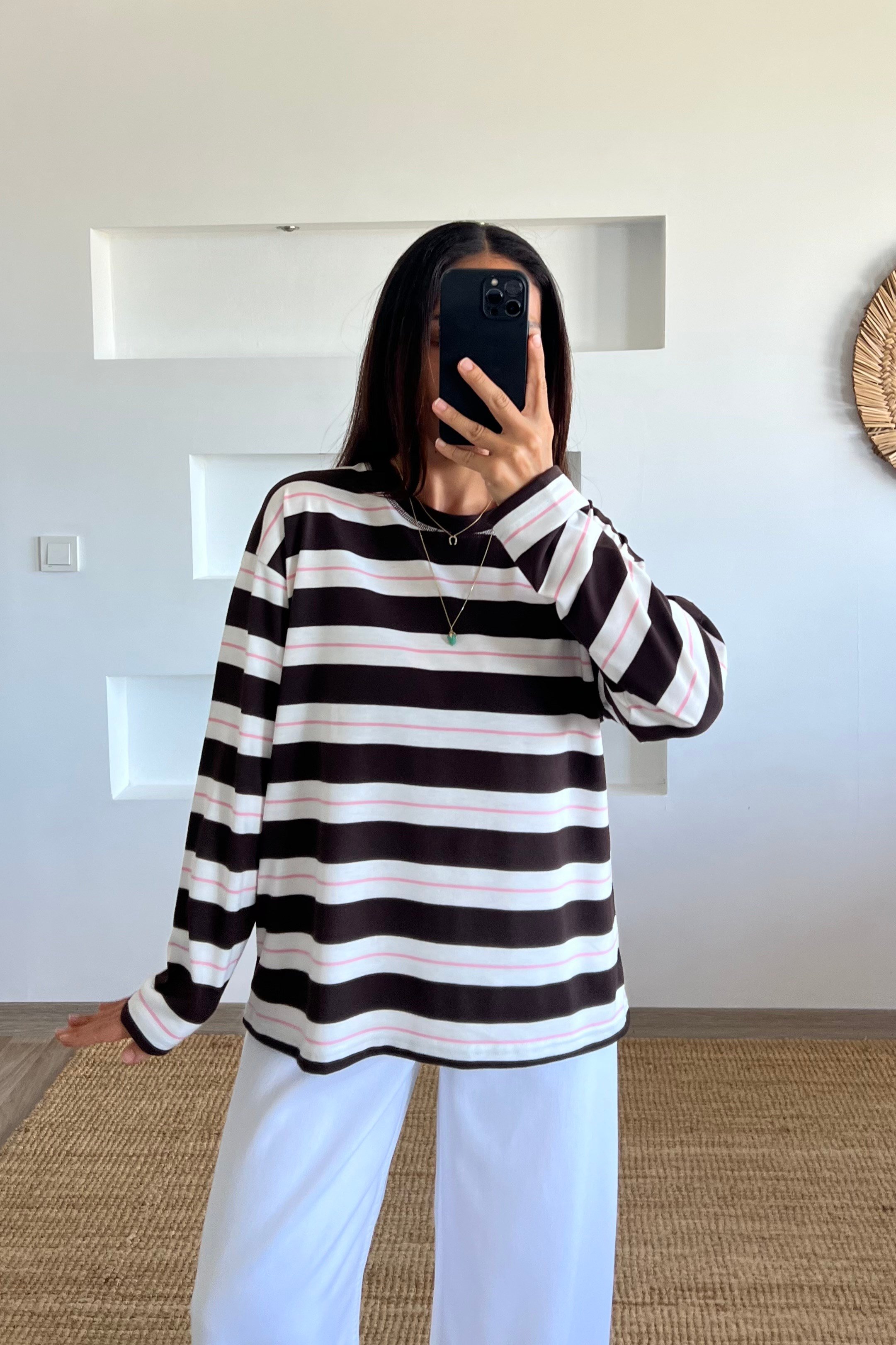 Kahverengi Yumuşak Dokulu Çizgili Sweat uygun fiyatlarda www.butikhola.com adresinde