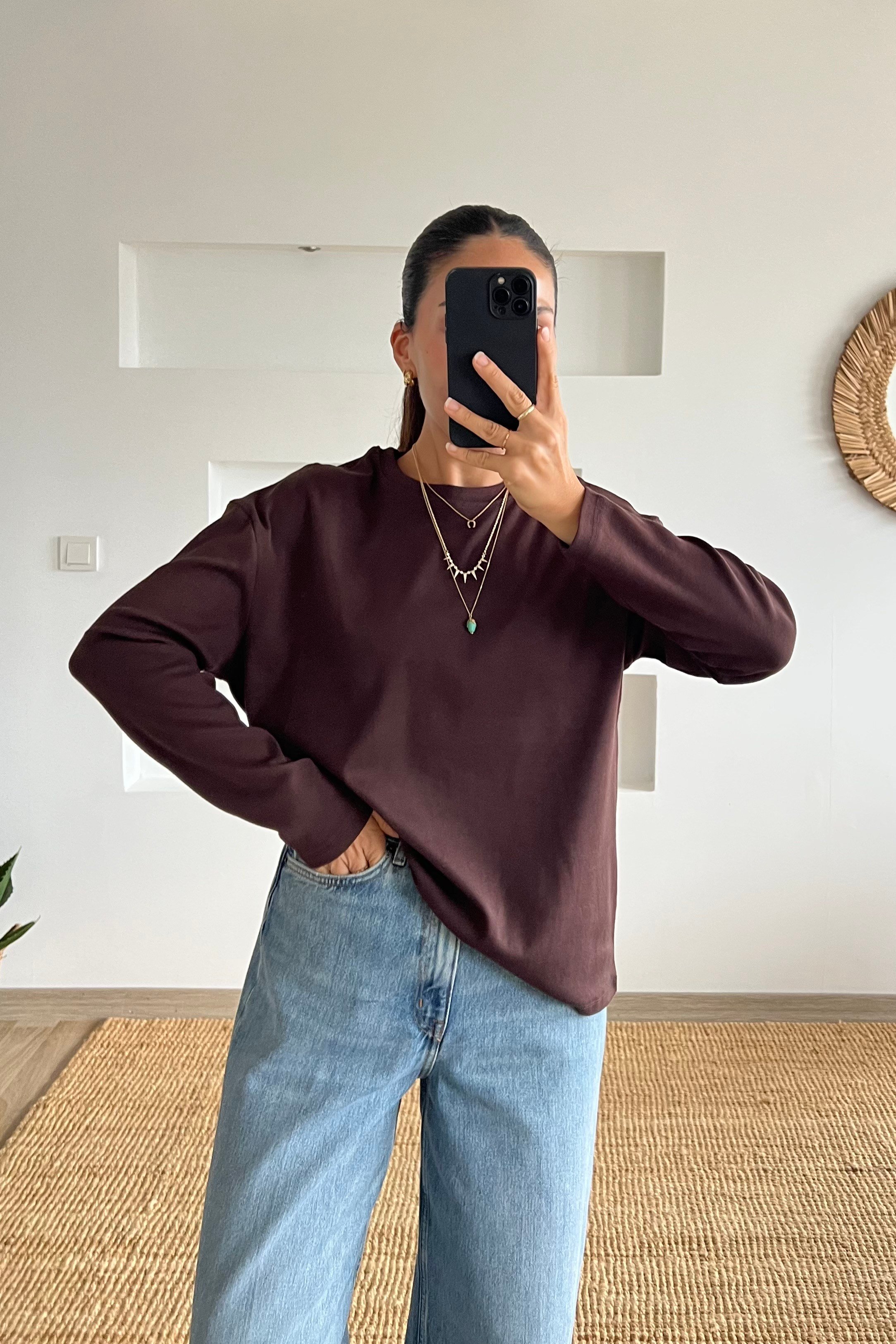 Kahverengi Yumuşak Dokulu Uzun Kollu Sweat uygun fiyatlarda www.butikhola.com adresinde