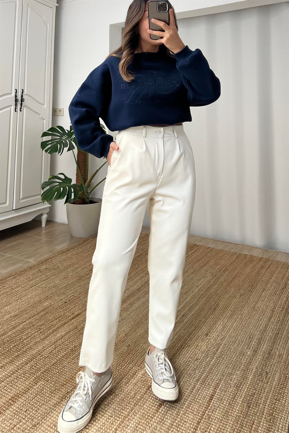 Kemerli Yüksek Bel Deri Pantolon uygun fiyatlarda www.butikhola.com adresinde