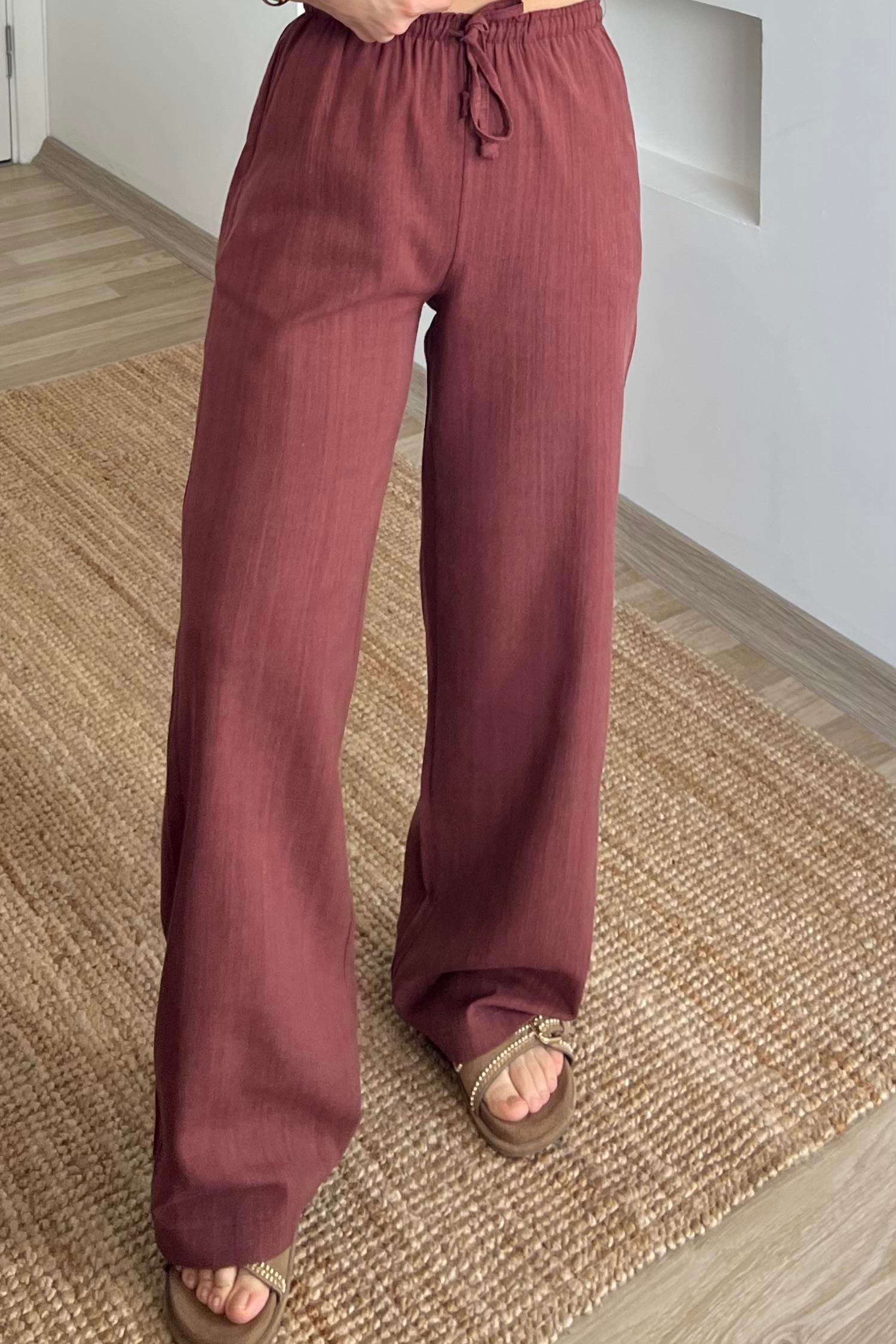 Kiremit Düz Kesim Keten Pantolon uygun fiyatlarda www.butikhola.com adresinde