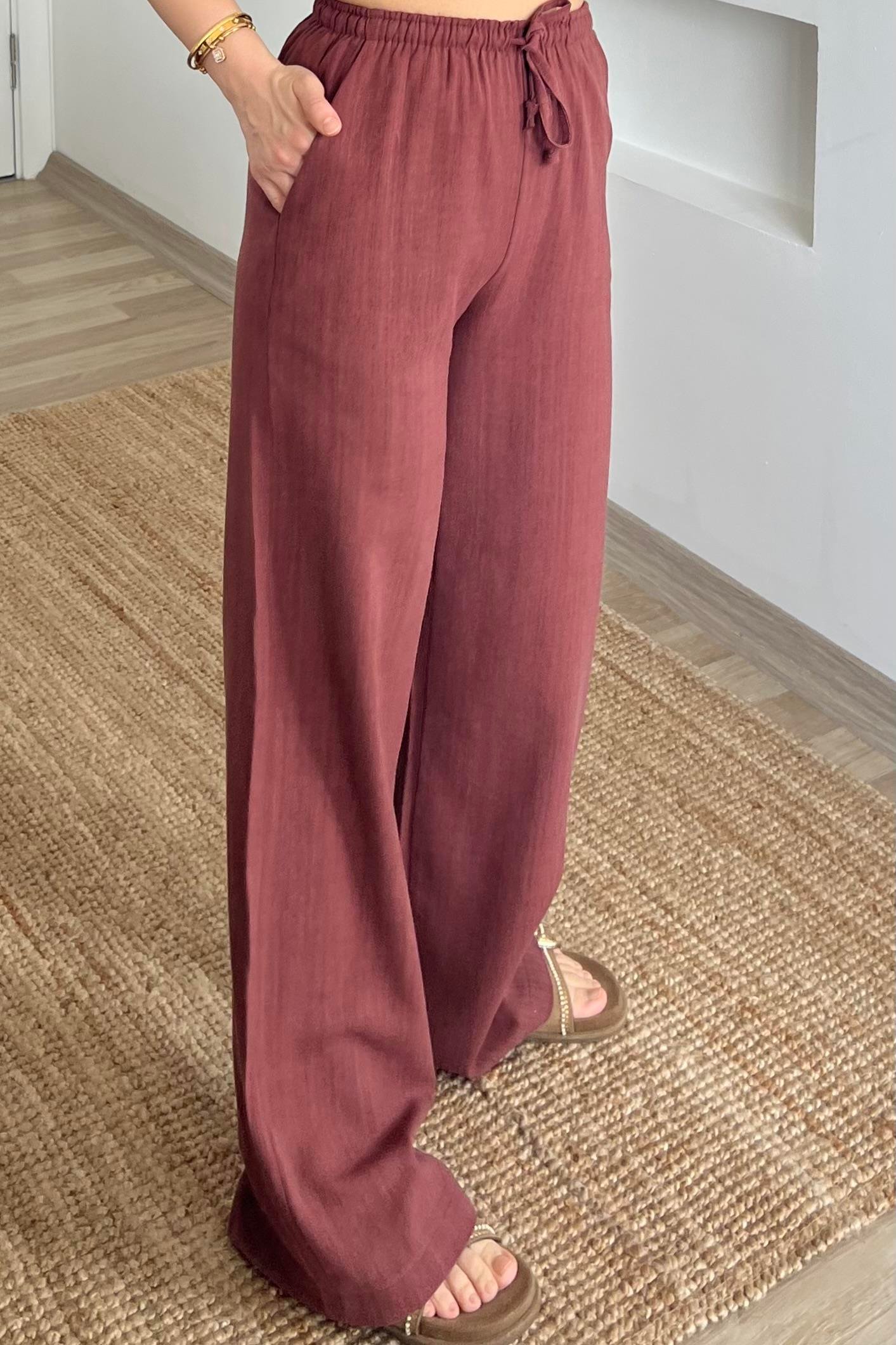 Kiremit Düz Kesim Keten Pantolon uygun fiyatlarda www.butikhola.com adresinde