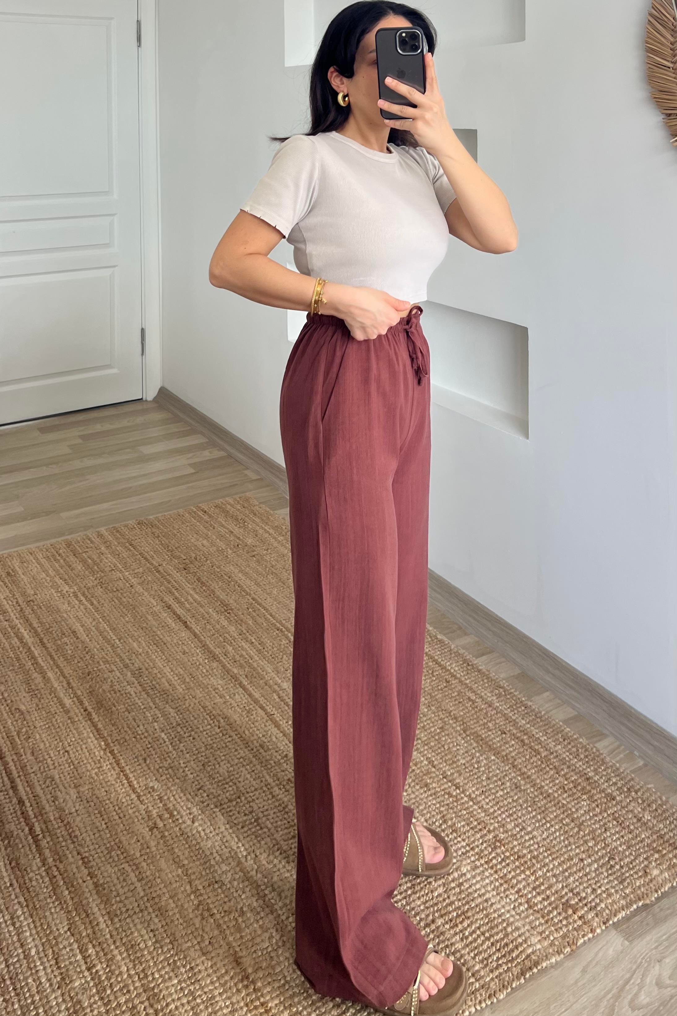Kiremit Düz Kesim Keten Pantolon uygun fiyatlarda www.butikhola.com adresinde