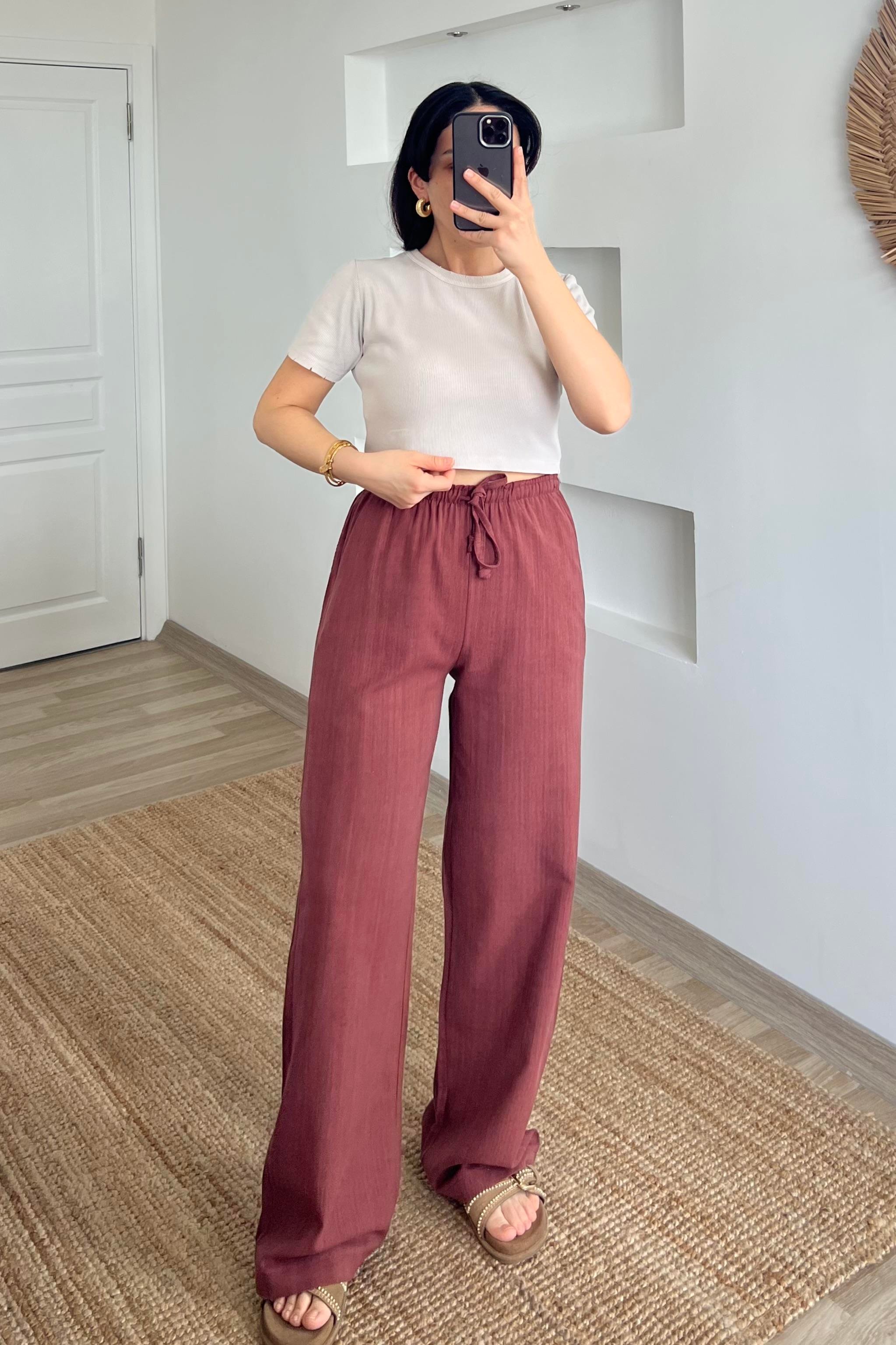 Kiremit Düz Kesim Keten Pantolon uygun fiyatlarda www.butikhola.com adresinde