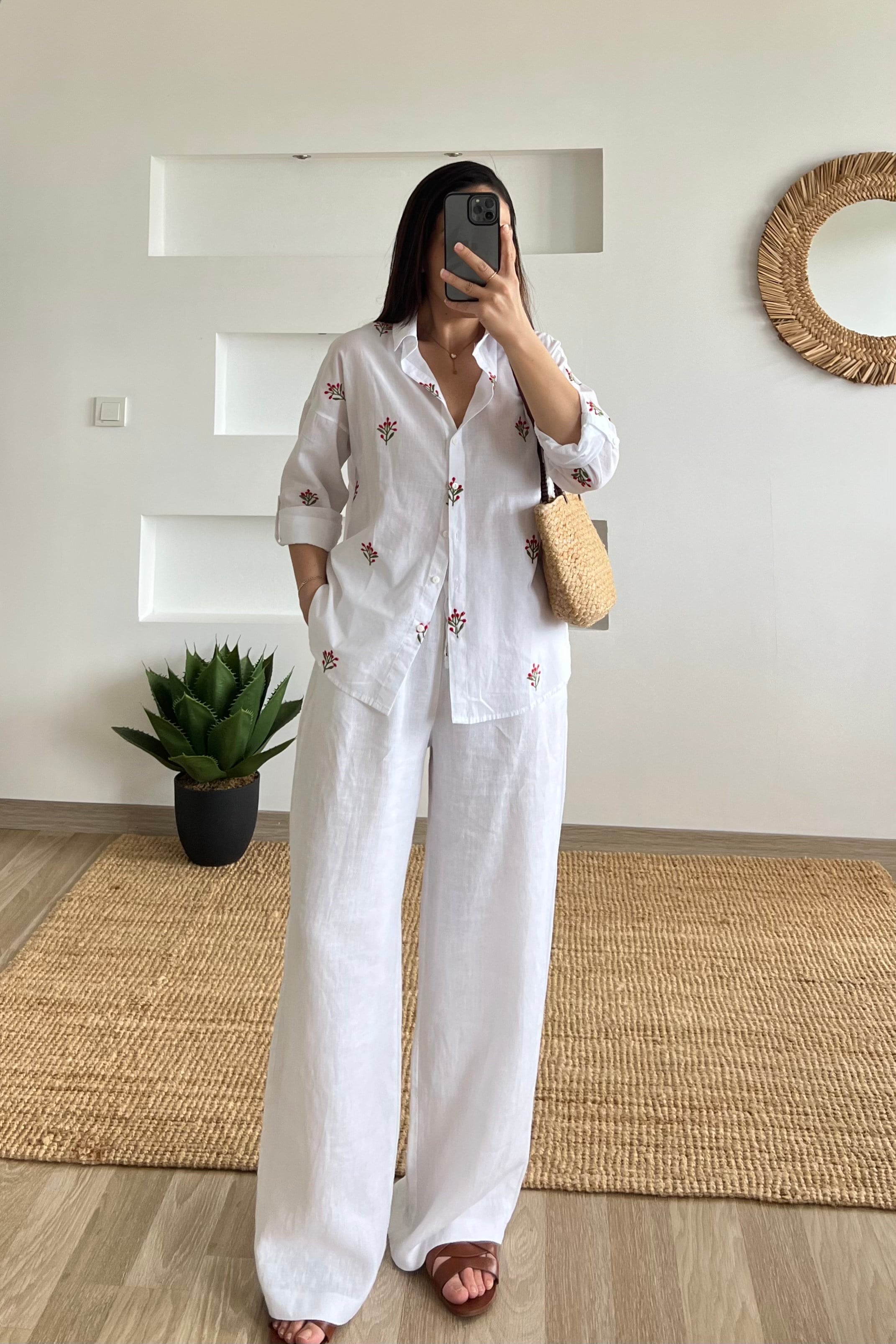 Kırmızı Çiçek Nakışlı Organik Pamuk Gömlek uygun fiyatlarda www.butikhola.com adresinde