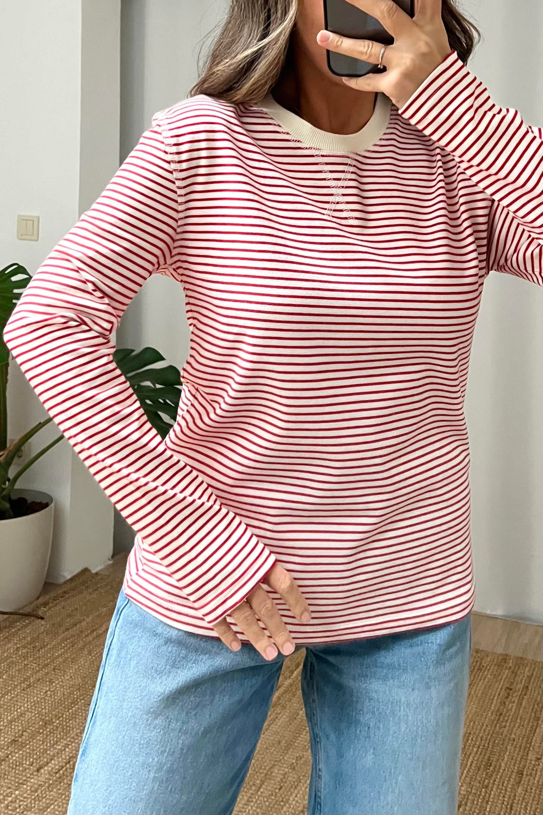 Kırmızı Ekru Çizgili Biyeli Sweatshirt uygun fiyatlarda www.butikhola.com adresinde