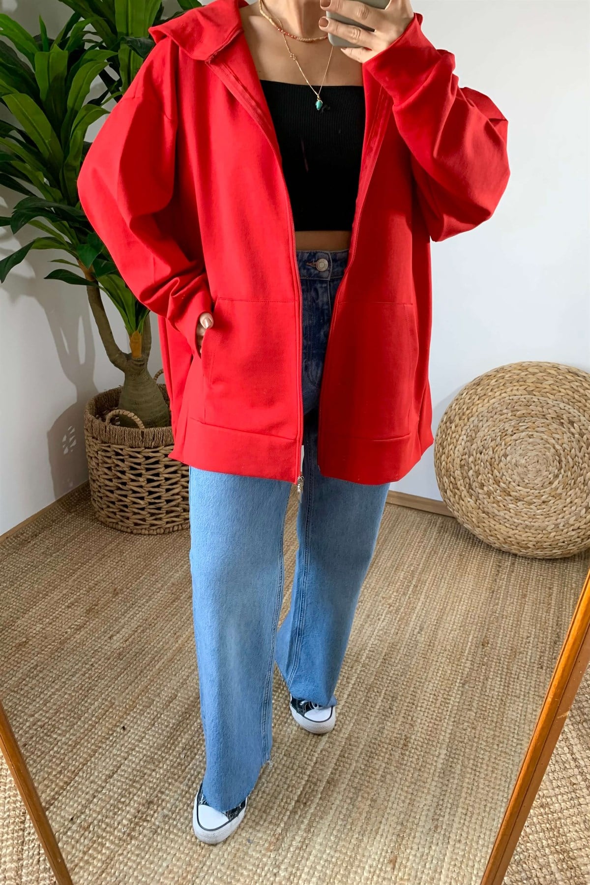 Kırmızı Fermuarlı Sweat Hırka