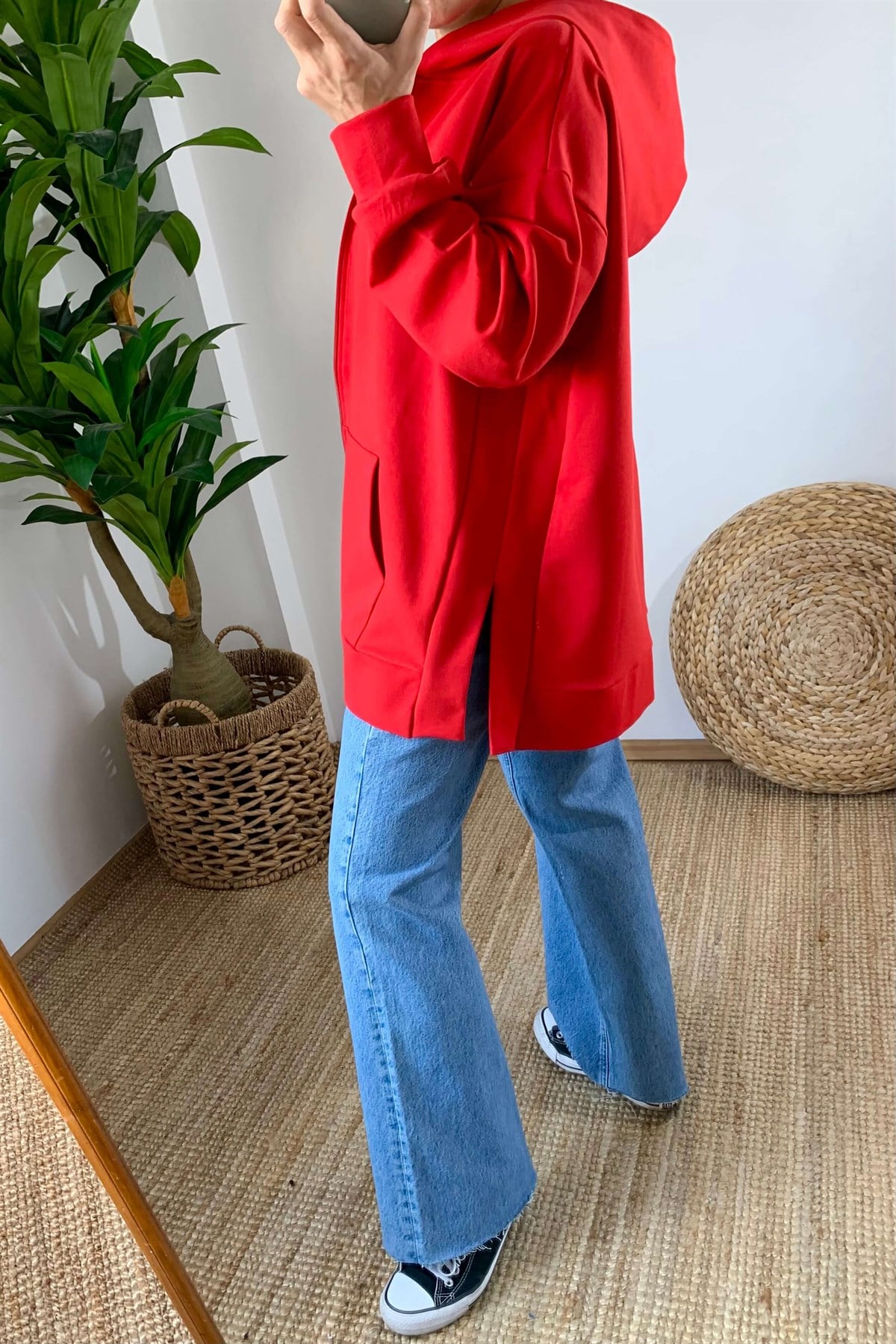 Kırmızı Fermuarlı Sweat Hırka