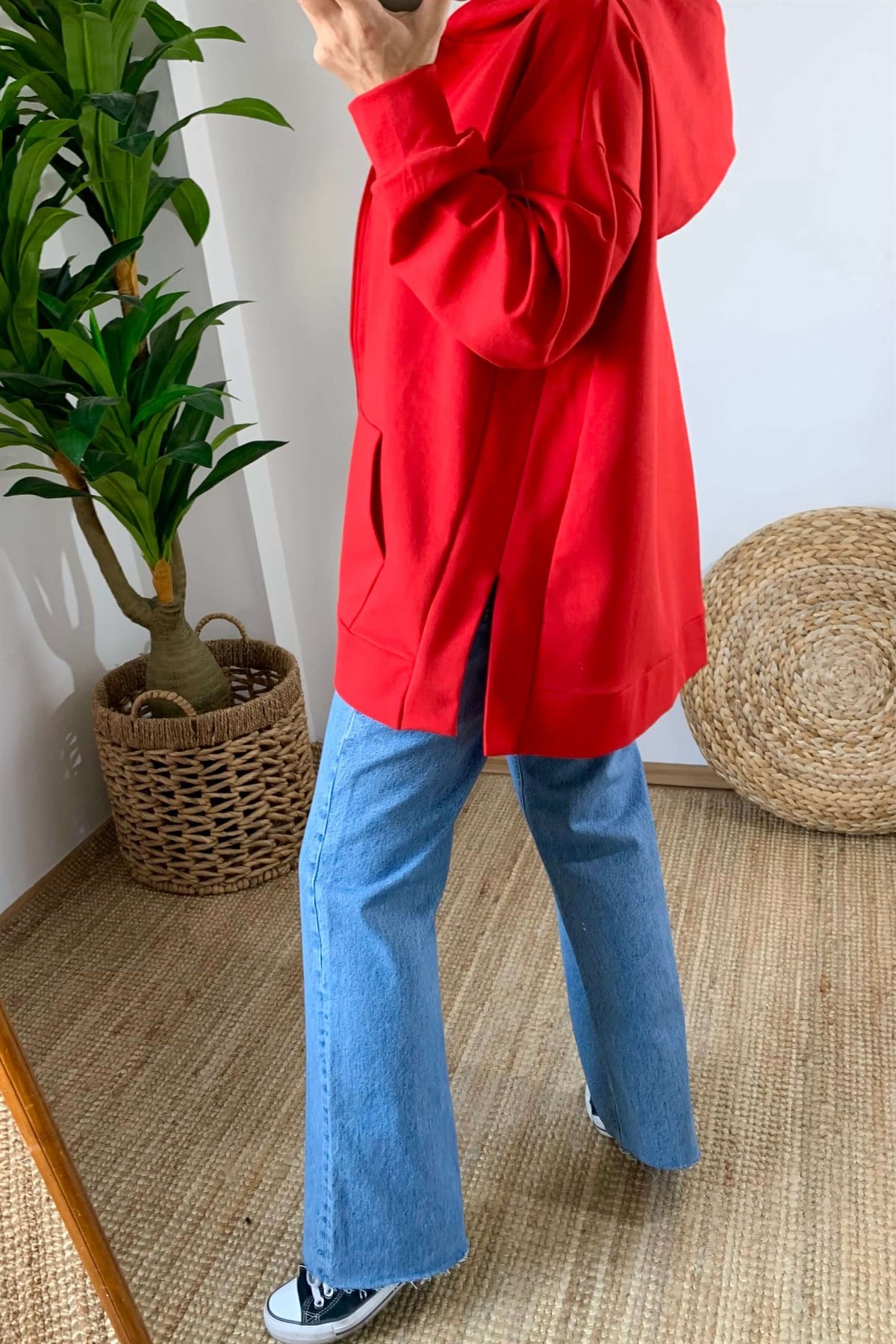 Kırmızı Fermuarlı Sweat Hırka