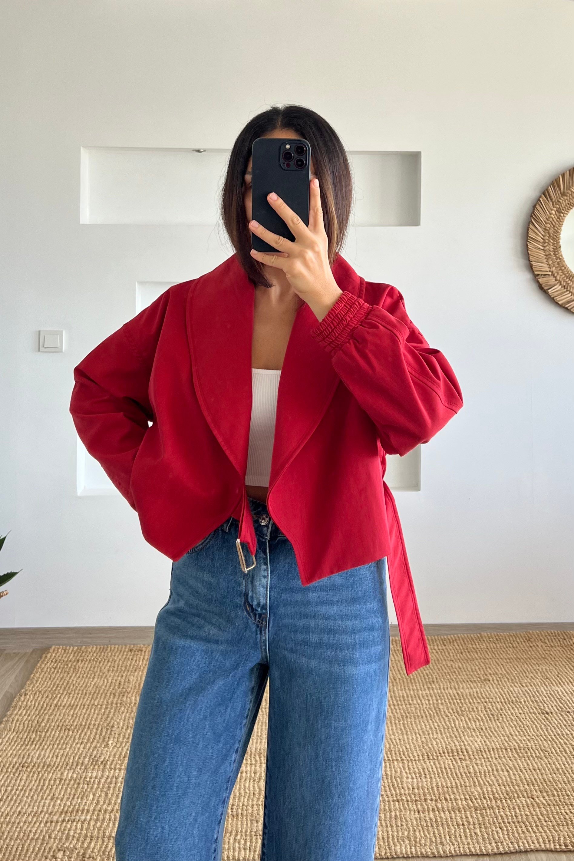 Kırmızı Şal Yaka Crop Trençkot uygun fiyatlarda www.butikhola.com adresinde