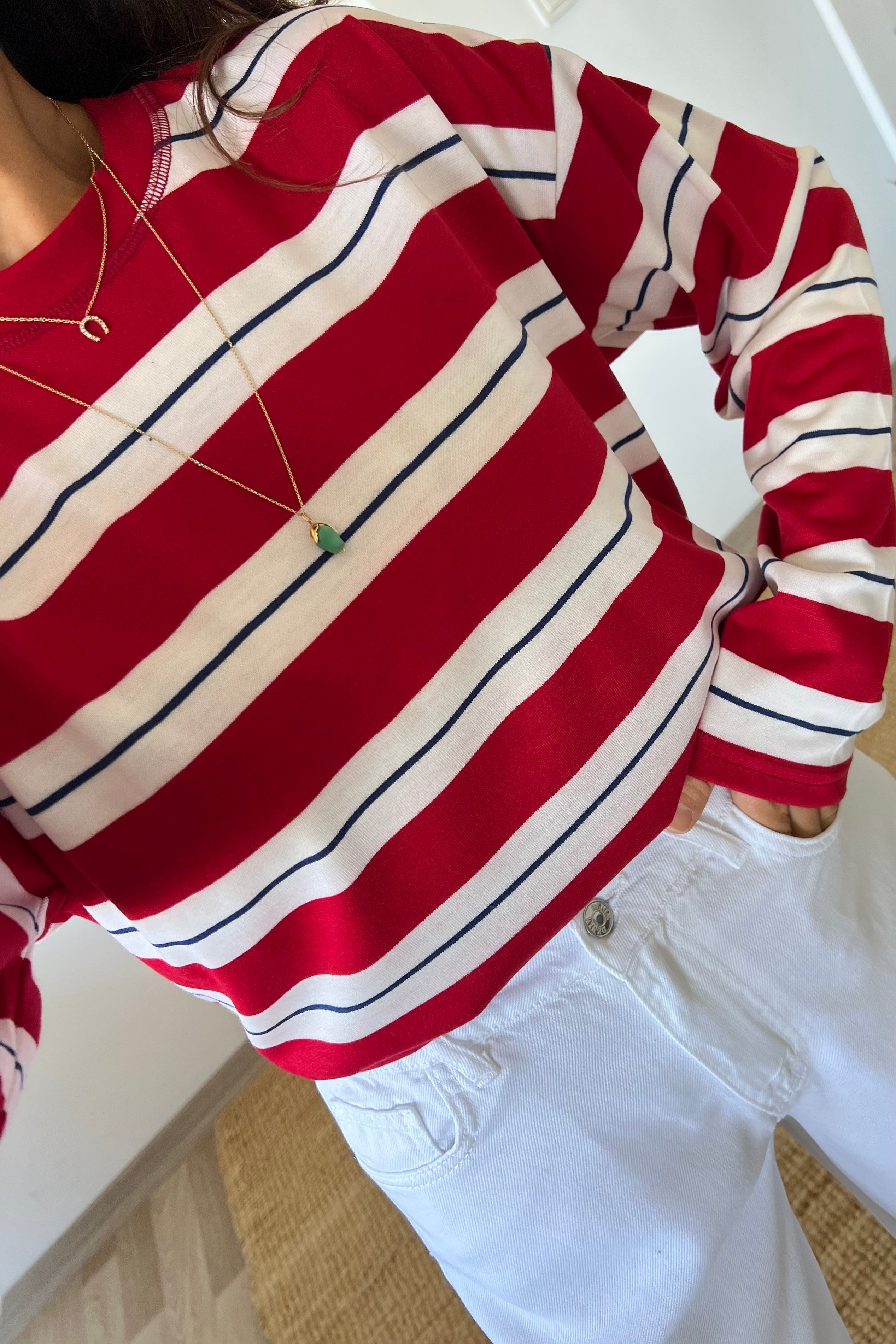Kırmızı Yumuşak Dokulu Çizgili Sweat uygun fiyatlarda www.butikhola.com adresinde