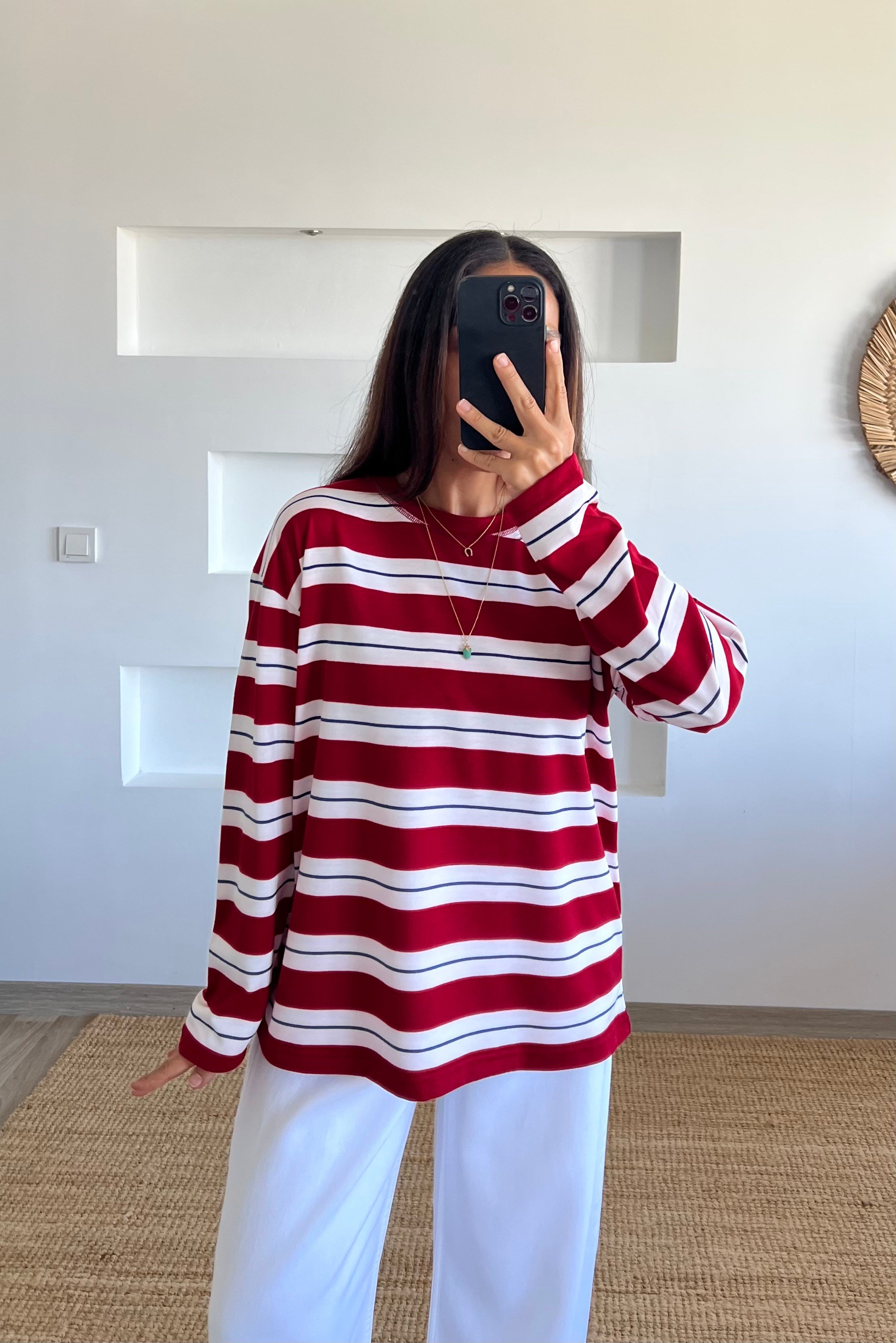 Kırmızı Yumuşak Dokulu Çizgili Sweat uygun fiyatlarda www.butikhola.com adresinde