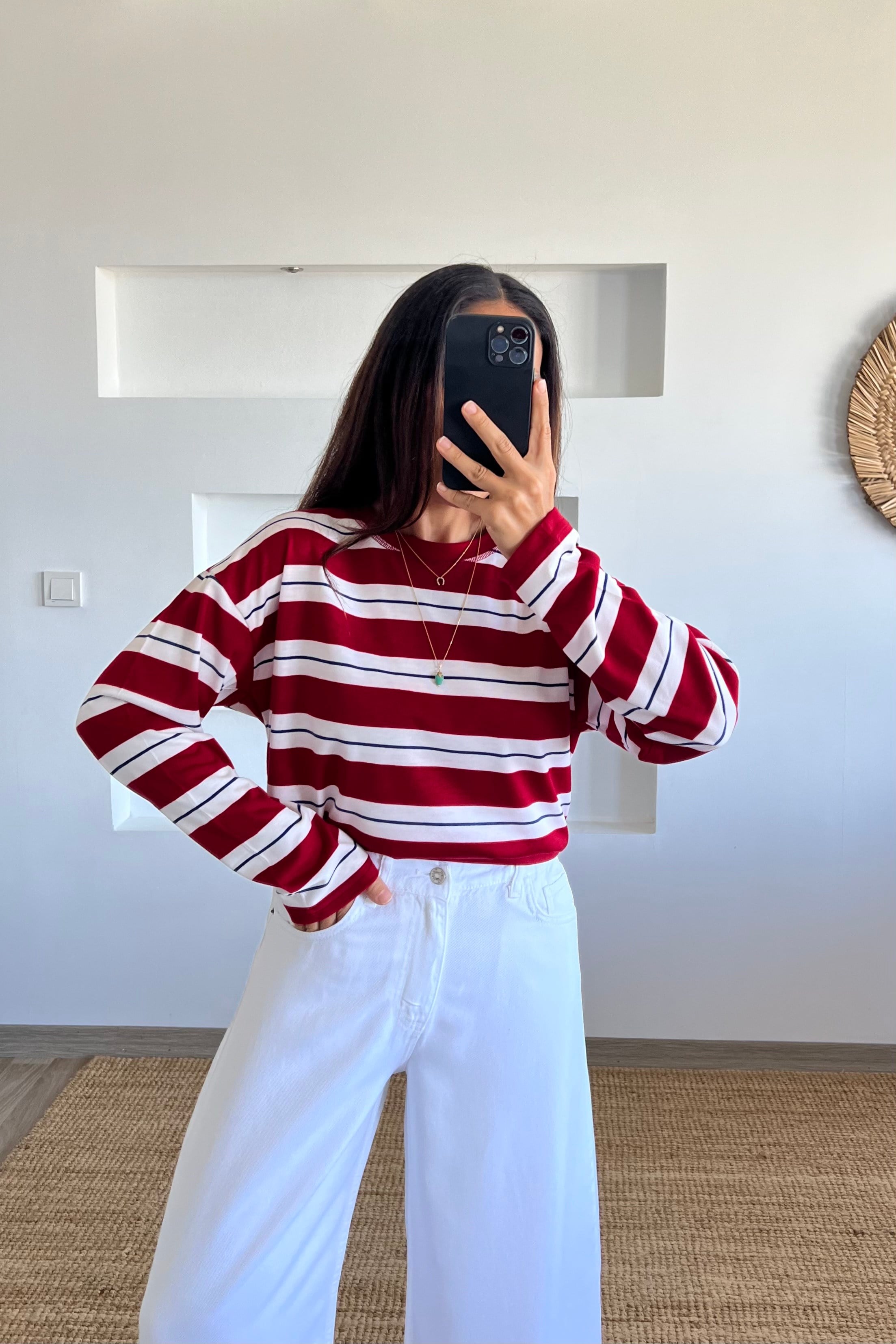 Kırmızı Yumuşak Dokulu Çizgili Sweat uygun fiyatlarda www.butikhola.com adresinde