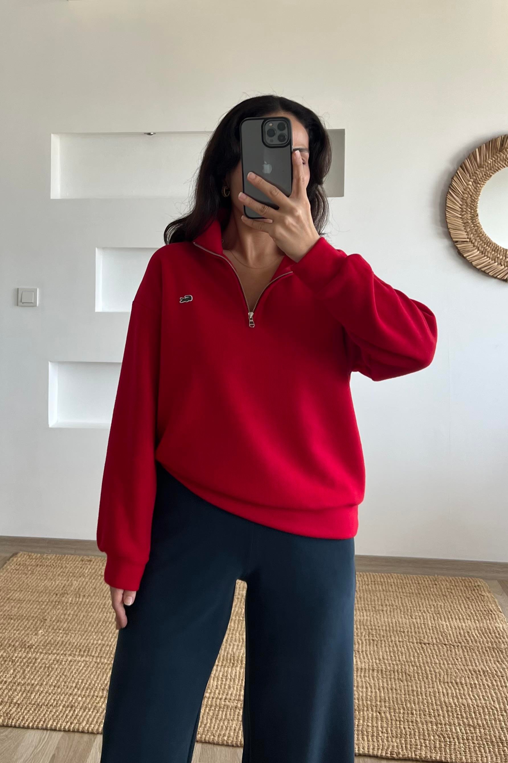 Kırmızı Yumuşak Dokulu Yakası Fermuarlı Sweatshirt uygun fiyatlarda www.butikhola.com adresinde