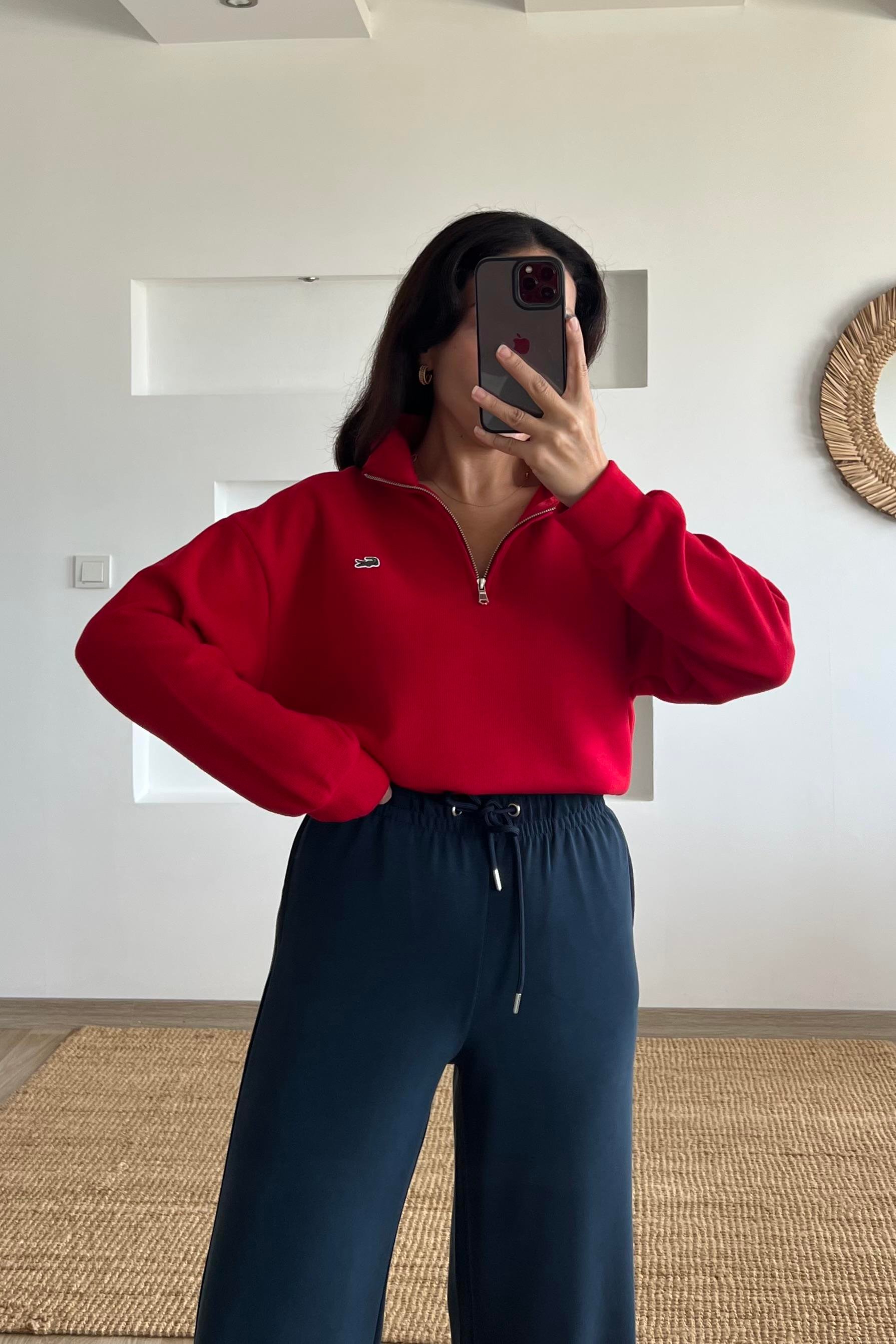 Kırmızı Yumuşak Dokulu Yakası Fermuarlı Sweatshirt uygun fiyatlarda www.butikhola.com adresinde