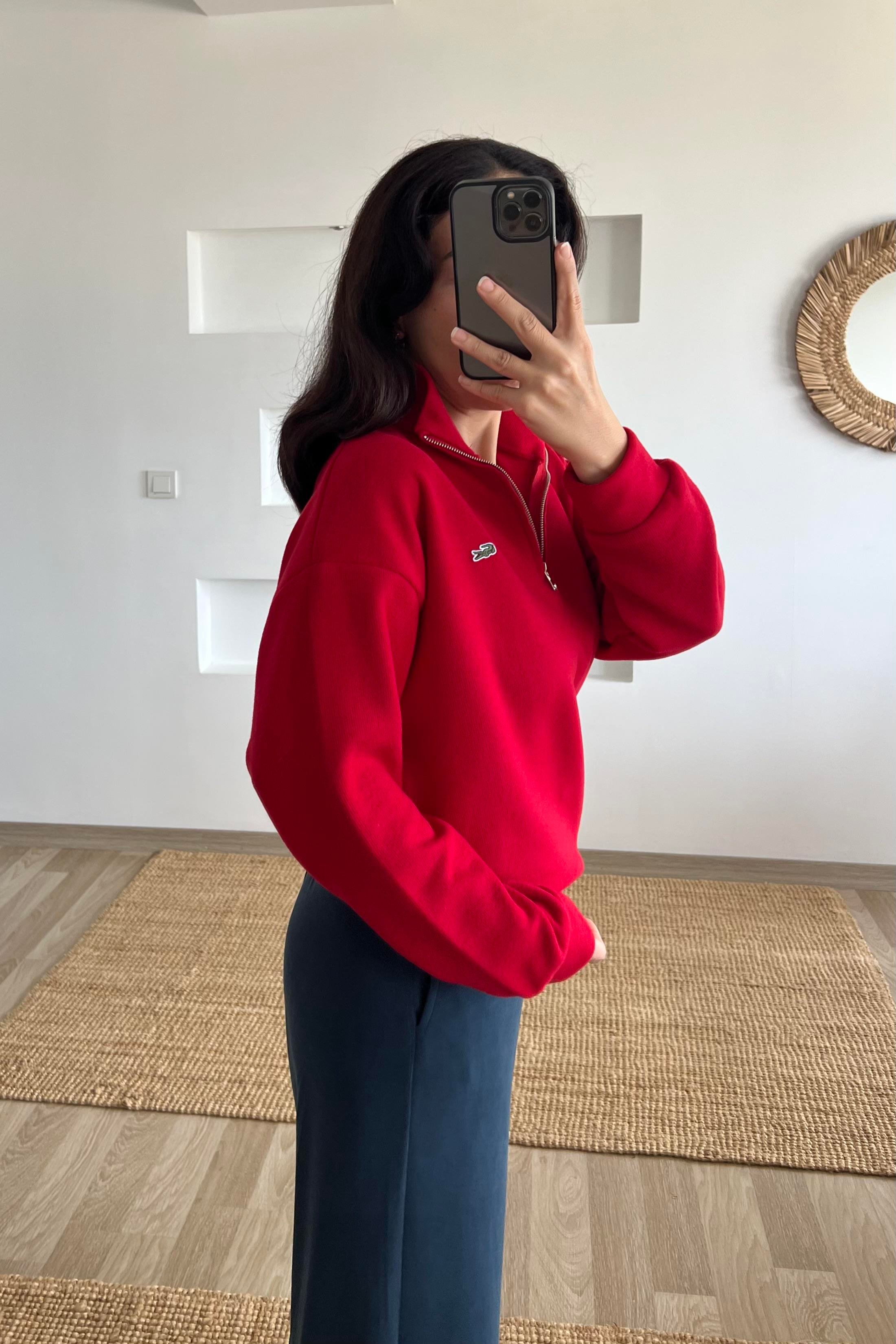 Kırmızı Yumuşak Dokulu Yakası Fermuarlı Sweatshirt uygun fiyatlarda www.butikhola.com adresinde