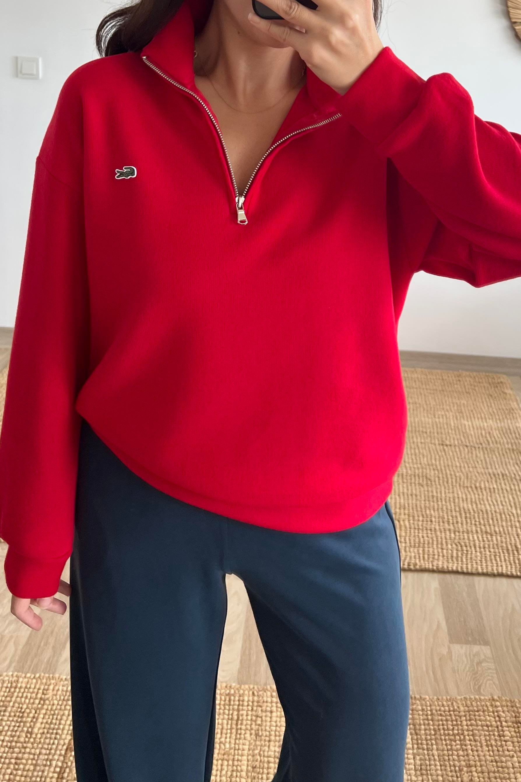 Kırmızı Yumuşak Dokulu Yakası Fermuarlı Sweatshirt uygun fiyatlarda www.butikhola.com adresinde
