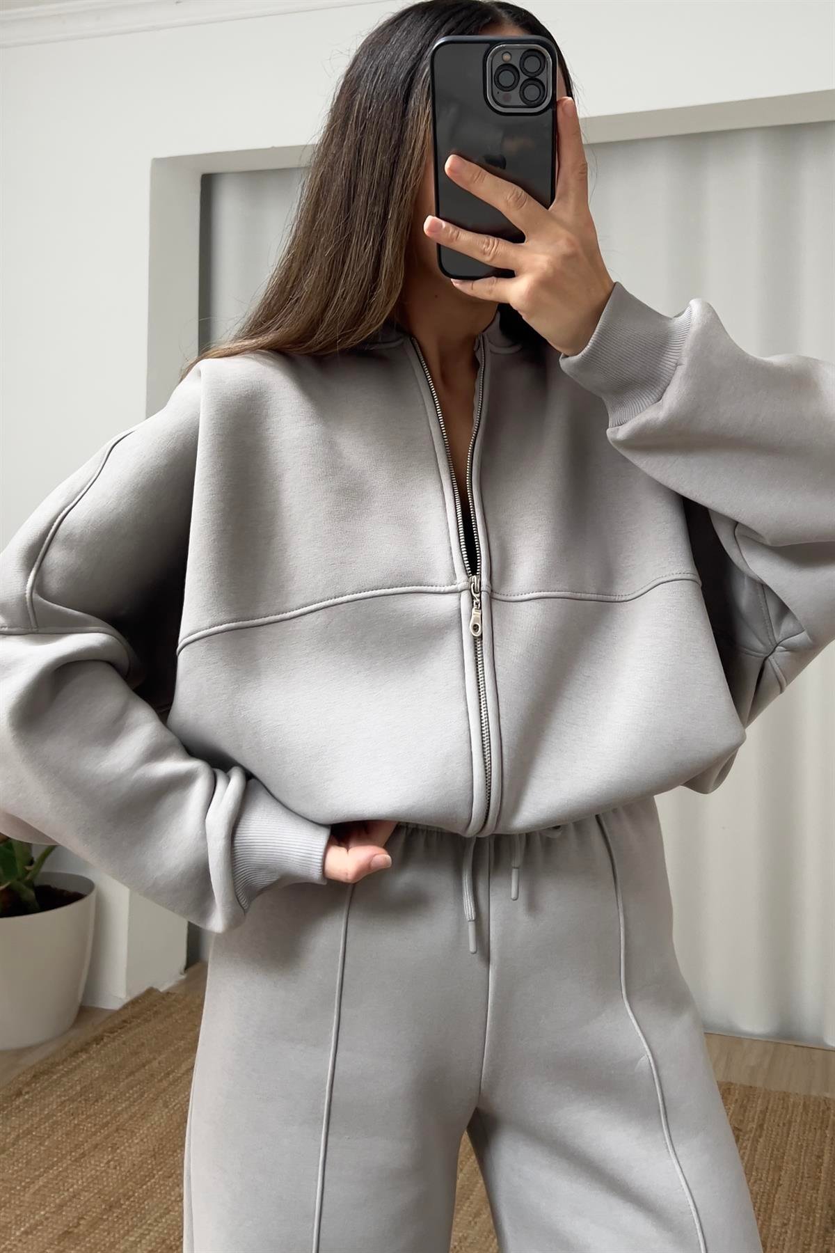 Koyu Gri Fermuarlı Bomber Sweatshirt  uygun fiyatlarda www.butikhola.com adresinde