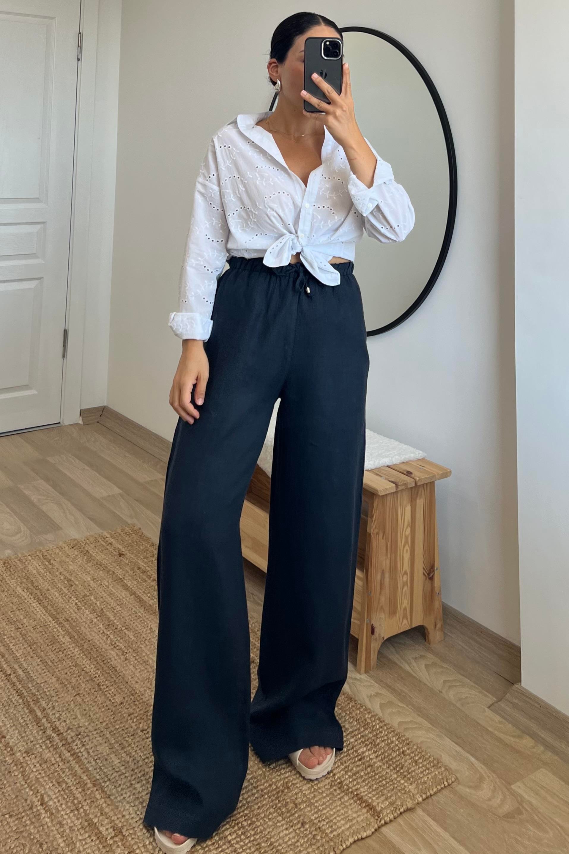 Lacivert Beli İpli Ham Keten Comfort Pantolon uygun fiyatlarda www.butikhola.com adresinde