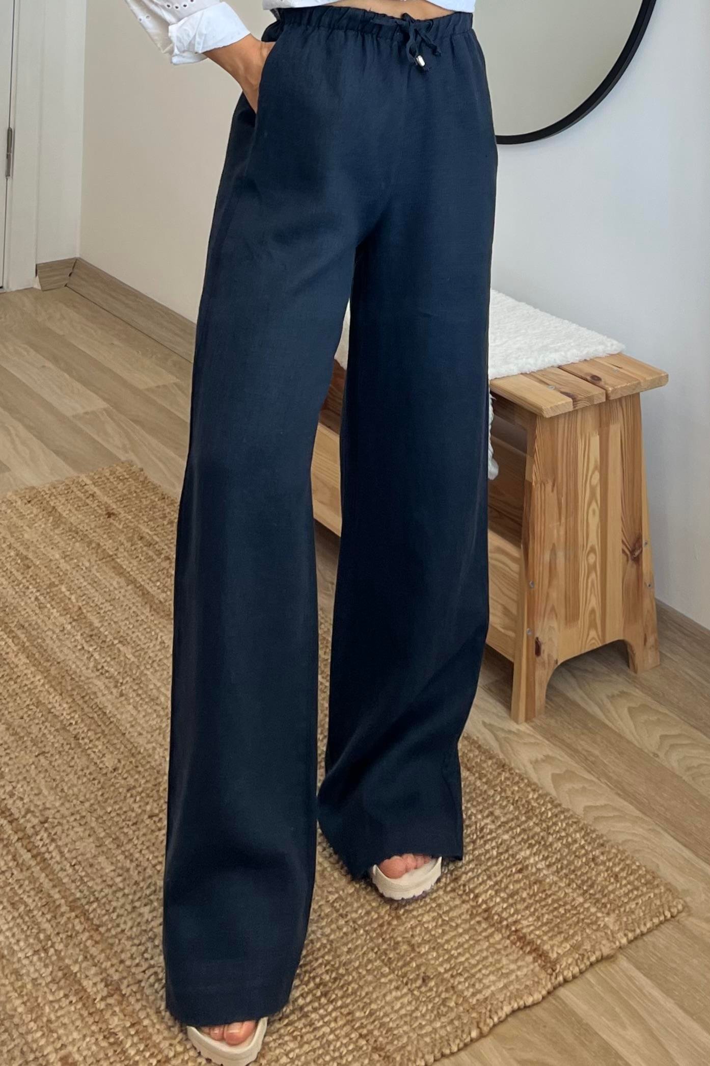 Lacivert Beli İpli Ham Keten Comfort Pantolon uygun fiyatlarda www.butikhola.com adresinde