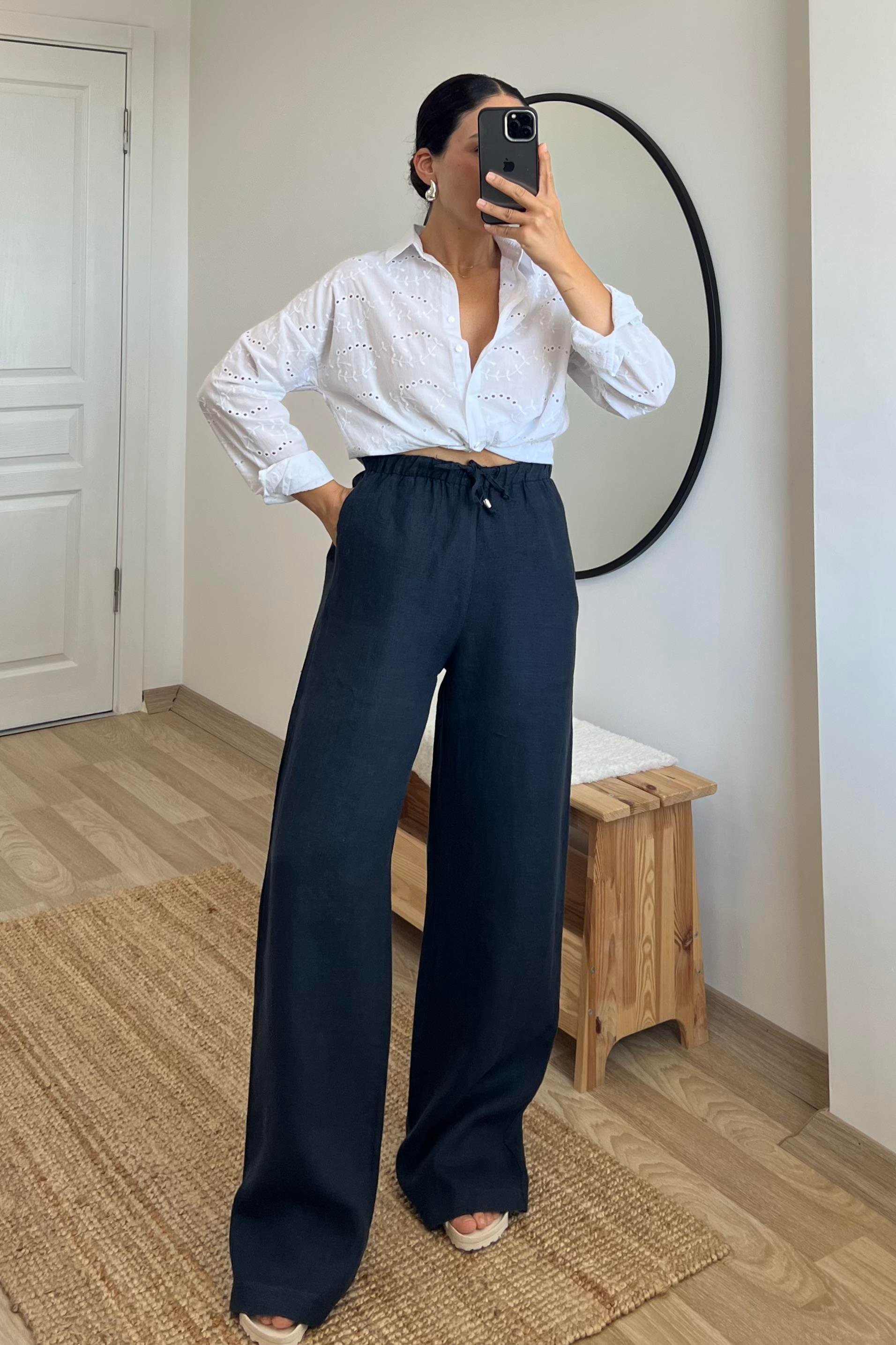 Lacivert Beli İpli Ham Keten Comfort Pantolon uygun fiyatlarda www.butikhola.com adresinde