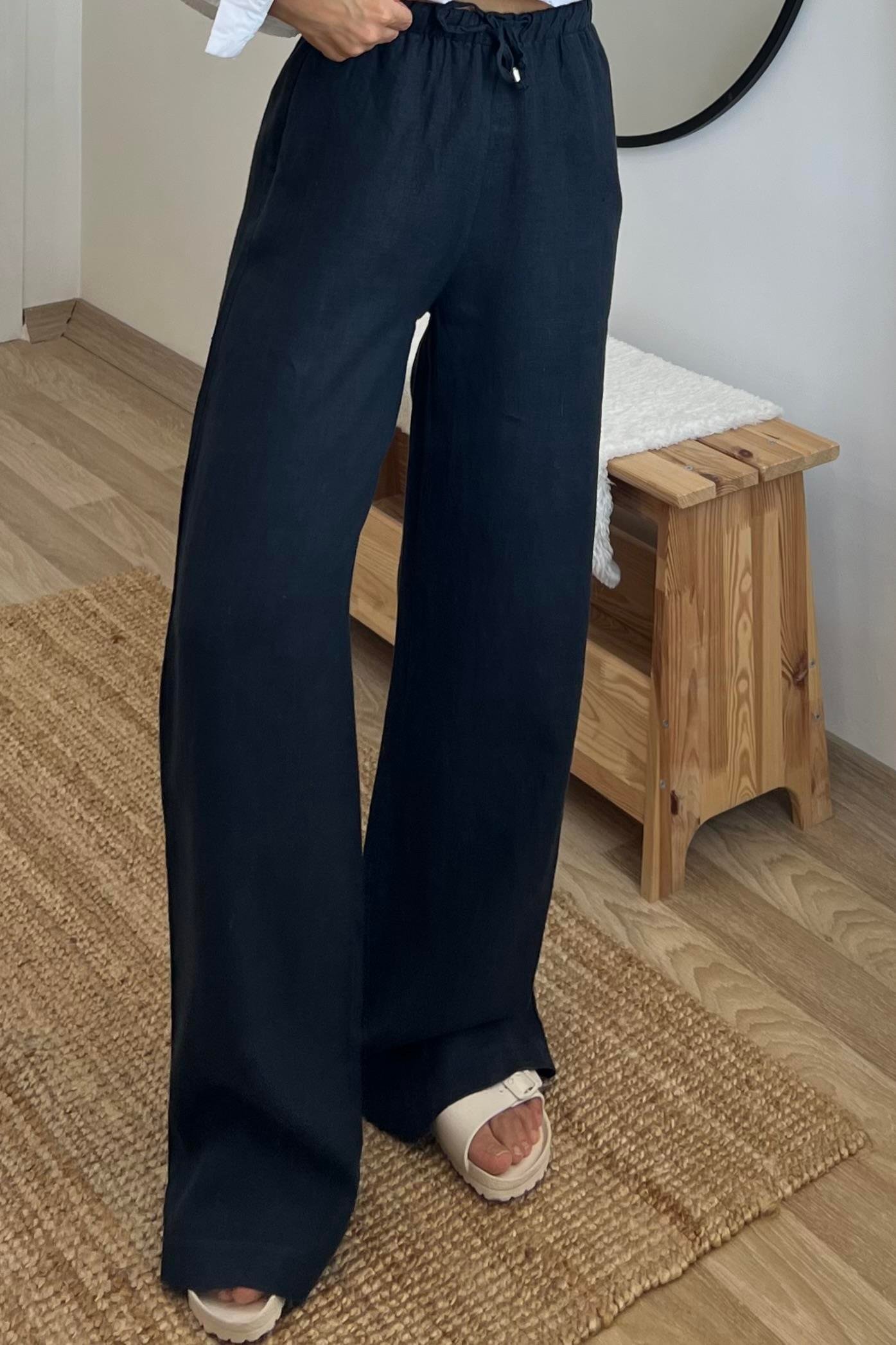 Lacivert Beli İpli Ham Keten Comfort Pantolon uygun fiyatlarda www.butikhola.com adresinde