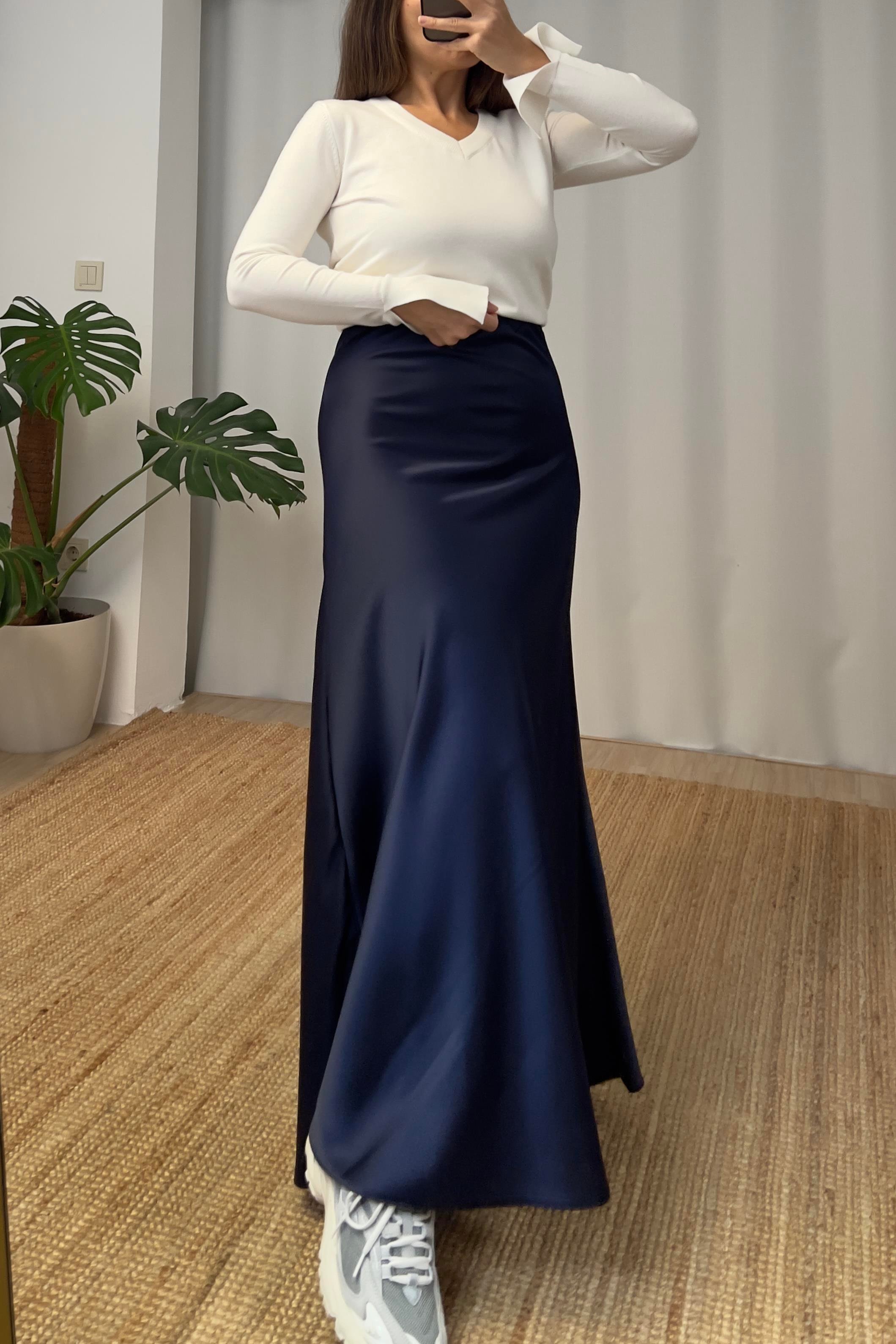Lacivert Beli Lastikli Maksi Saten Etek uygun fiyatlarda www.butikhola.com adresinde