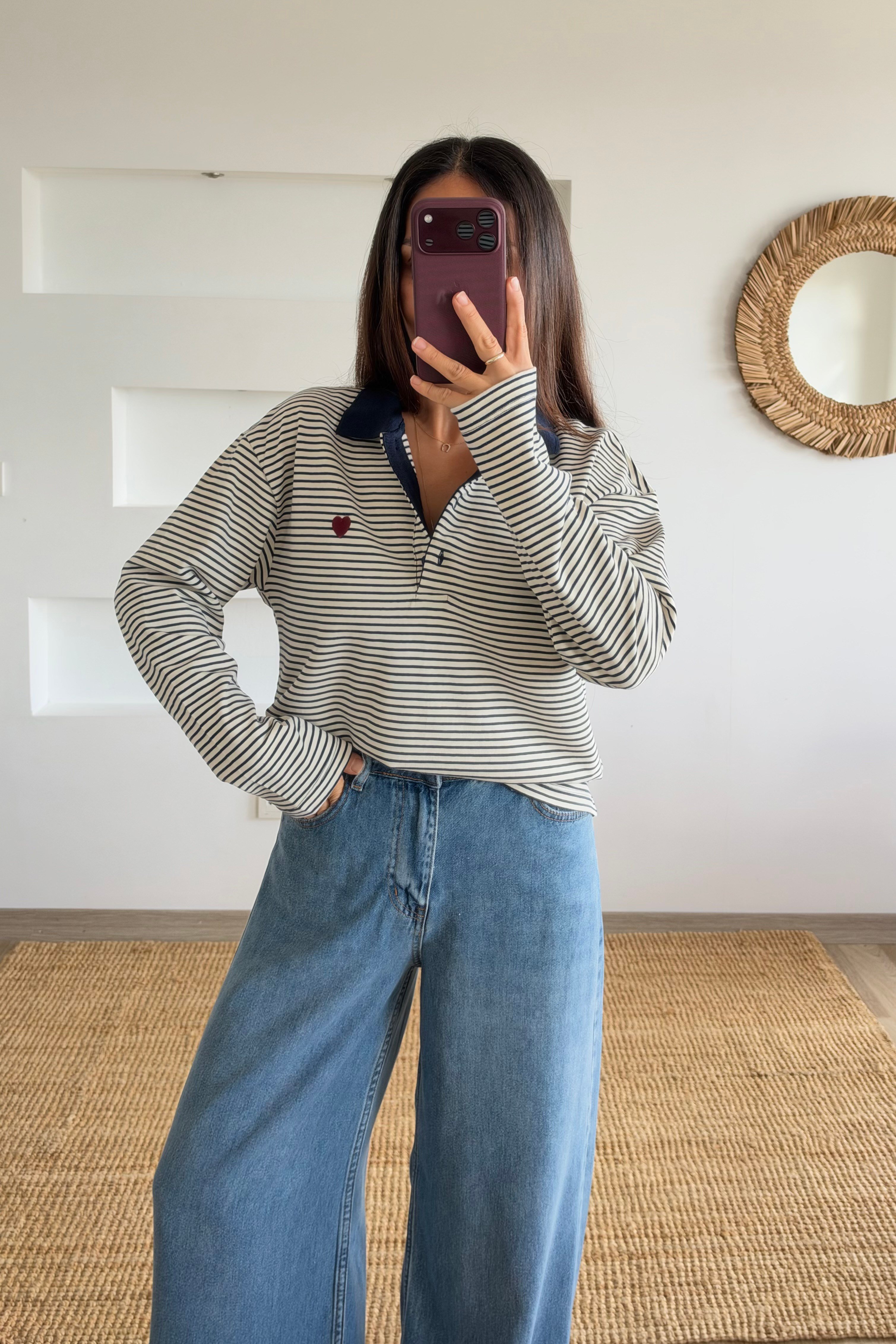 Lacivert Çizgili Kalp Nakışlı Polo Yaka Sweat uygun fiyatlarda www.butikhola.com adresinde