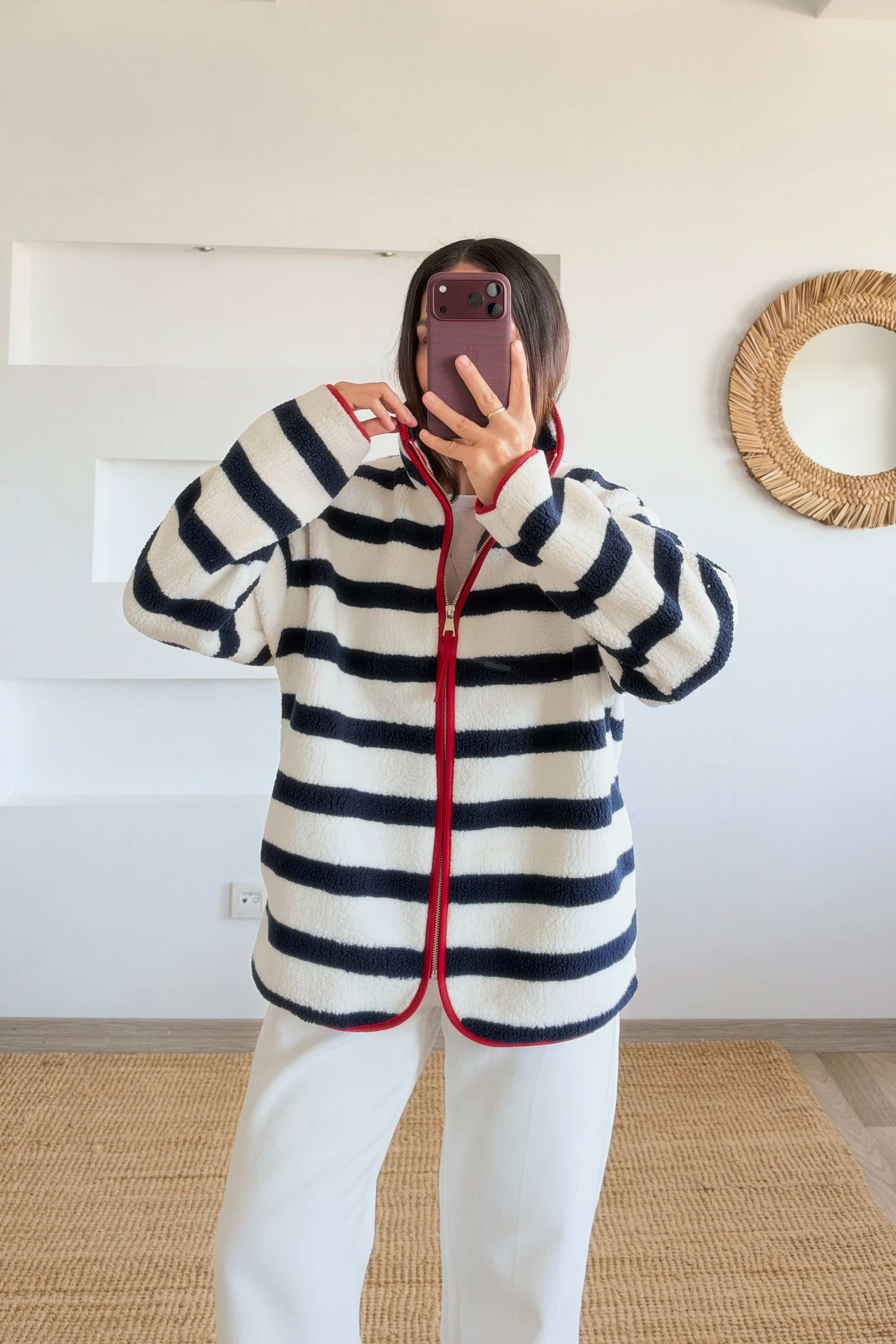Lacivert Çizgili Suni Yün Ceket uygun fiyatlarda www.butikhola.com adresinde