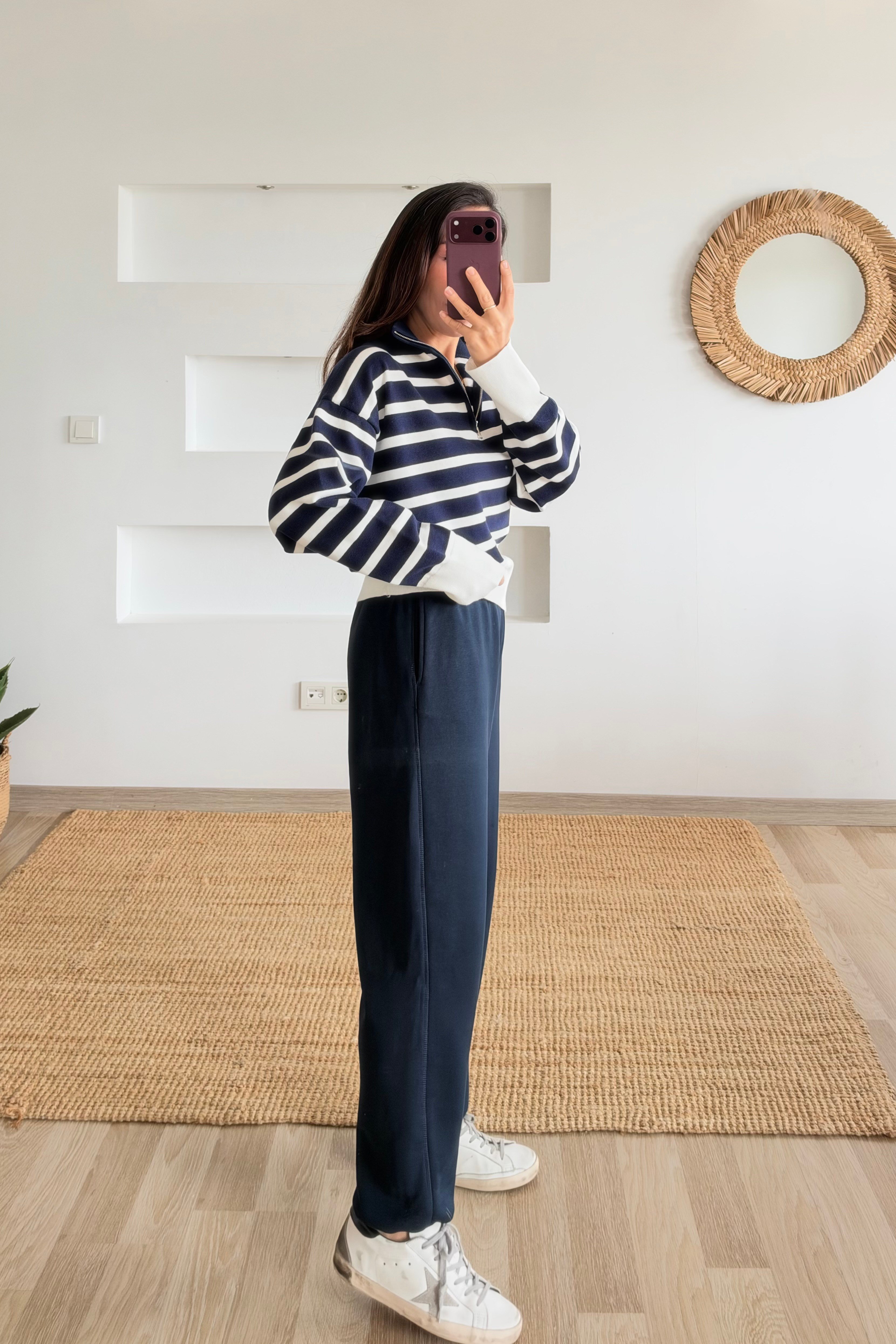 Lacivert Çizgili Yarım Fermuarlı Dik Yaka Kazak uygun fiyatlarda www.butikhola.com adresinde