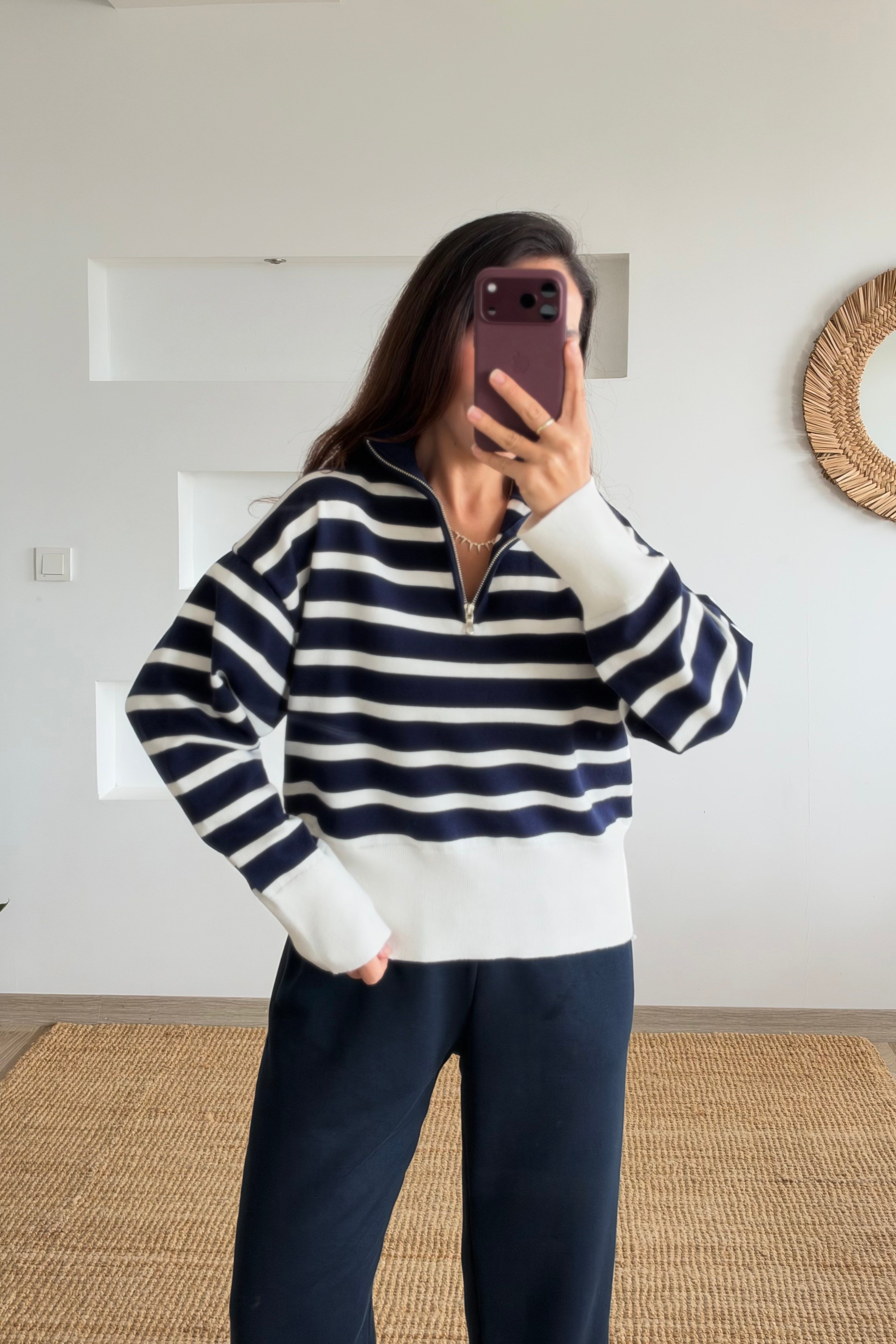 Lacivert Çizgili Yarım Fermuarlı Dik Yaka Kazak uygun fiyatlarda www.butikhola.com adresinde