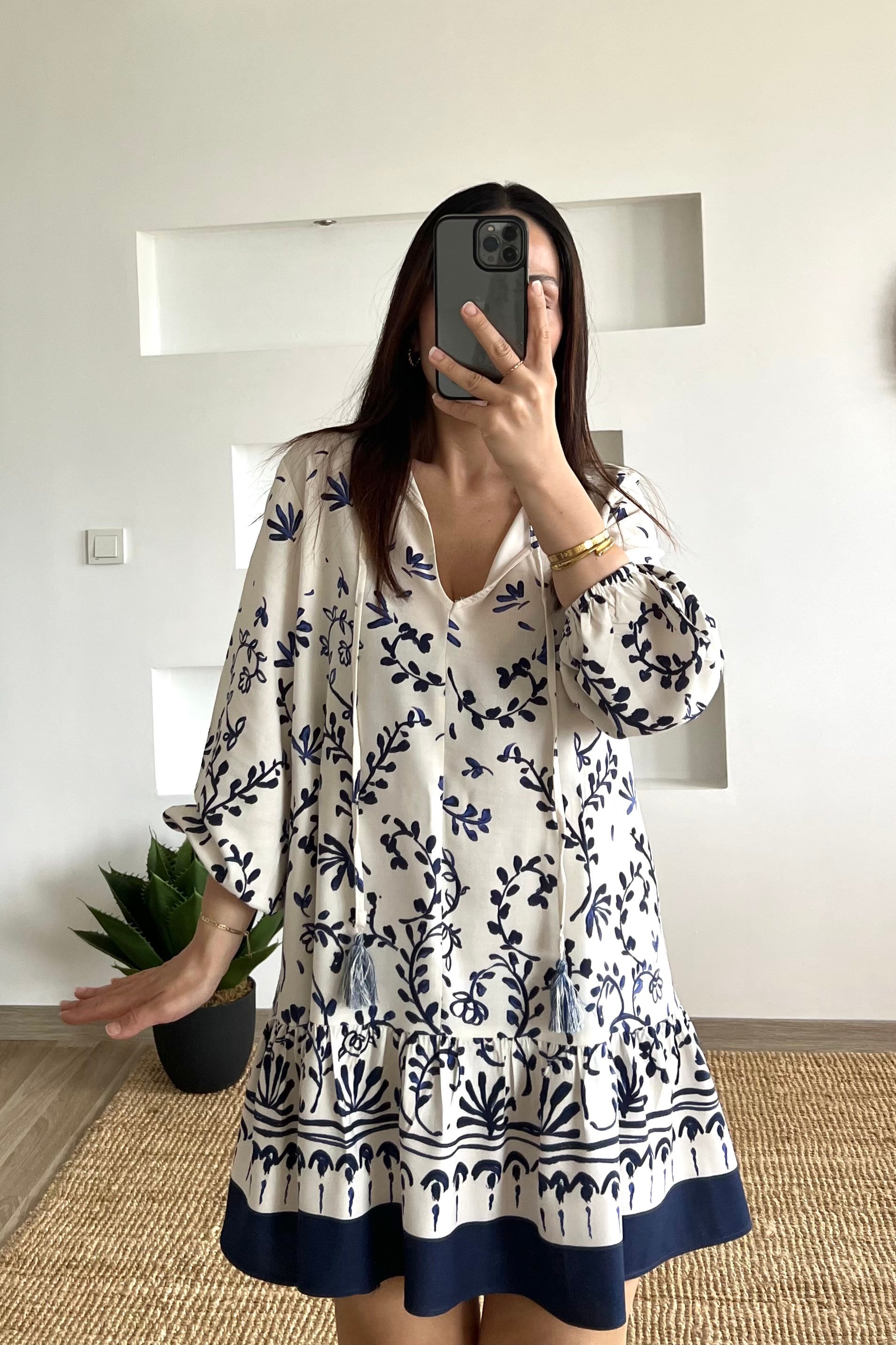 Lacivert Desenli Bohem Elbise uygun fiyatlarda www.butikhola.com adresinde
