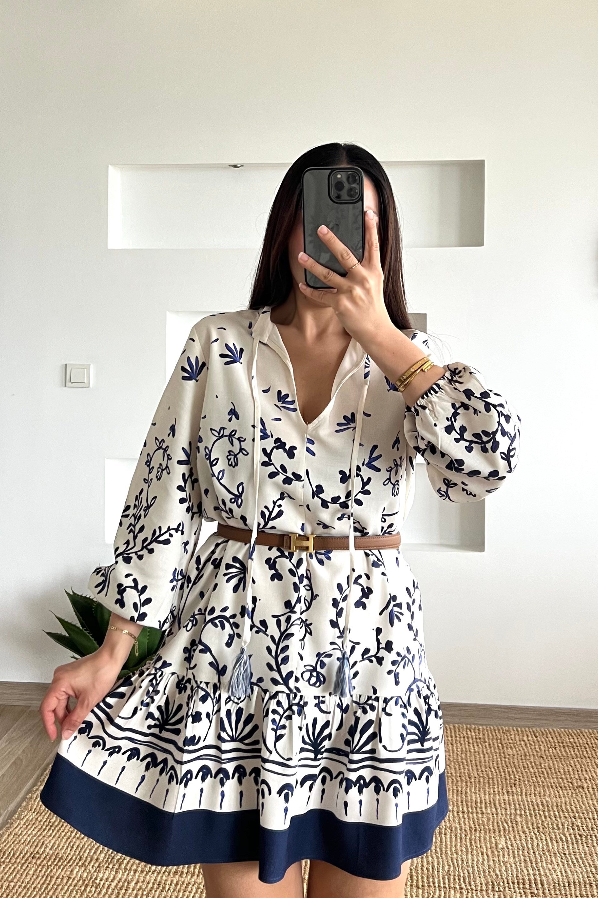 Lacivert Desenli Bohem Elbise uygun fiyatlarda www.butikhola.com adresinde
