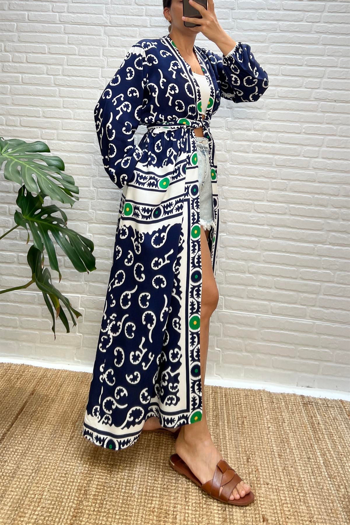 Lacivert Desenli Uzun Kimono Elbise  uygun fiyatlarda www.butikhola.com adresinde