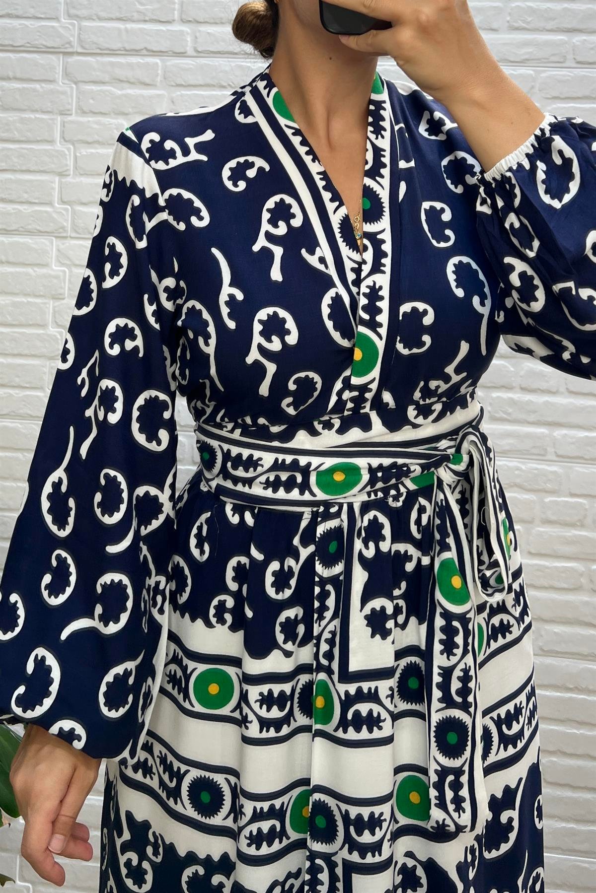 Lacivert Desenli Uzun Kimono Elbise  uygun fiyatlarda www.butikhola.com adresinde