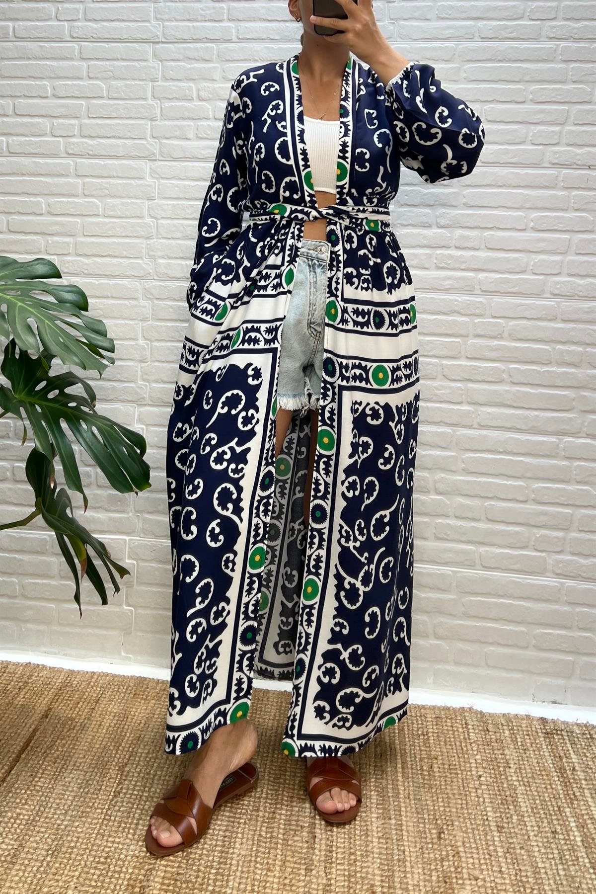 Lacivert Desenli Uzun Kimono Elbise  uygun fiyatlarda www.butikhola.com adresinde