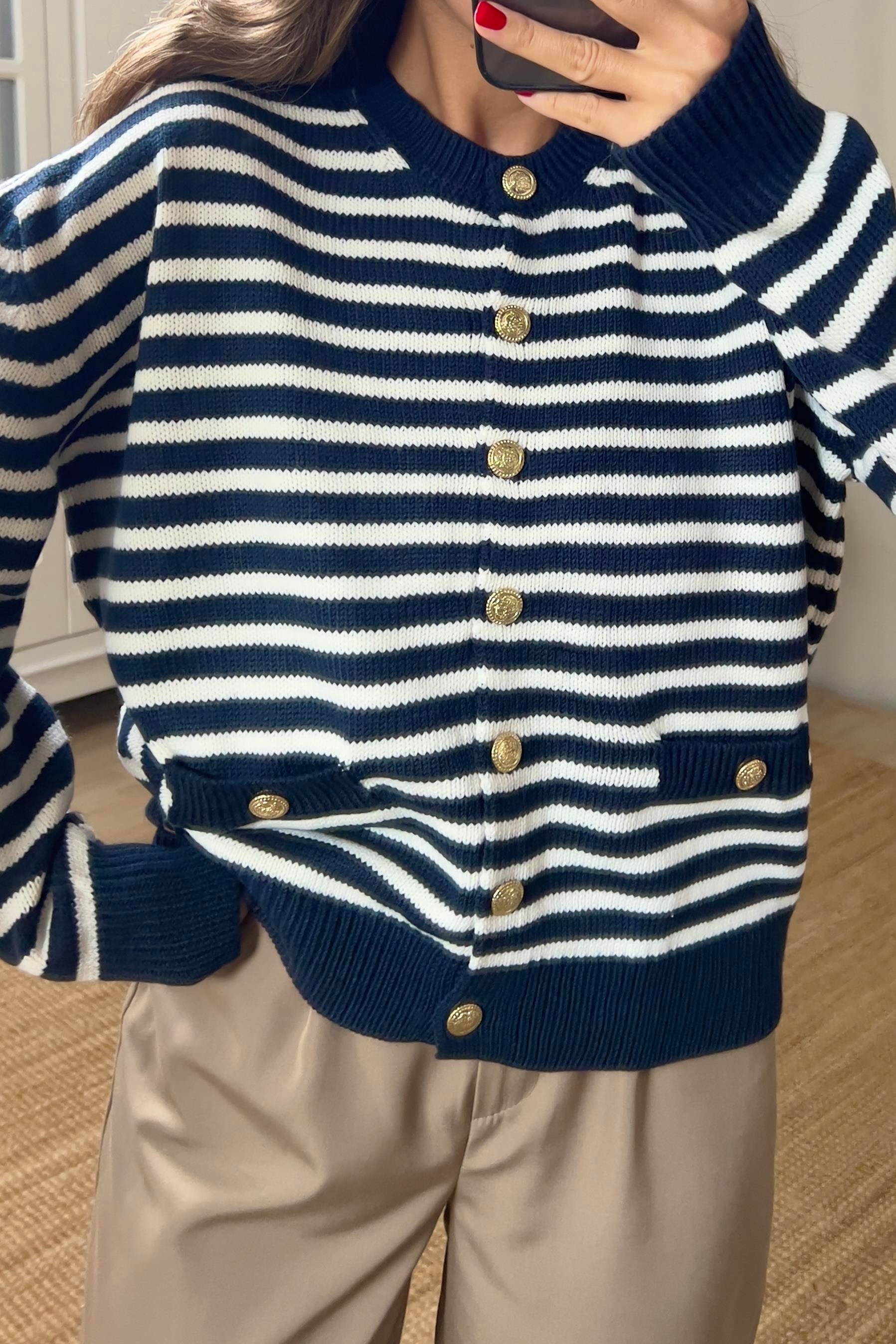 Lacivert Ekru Çizgili Gold Düğme Detaylı Hırka  uygun fiyatlarda www.butikhola.com adresinde