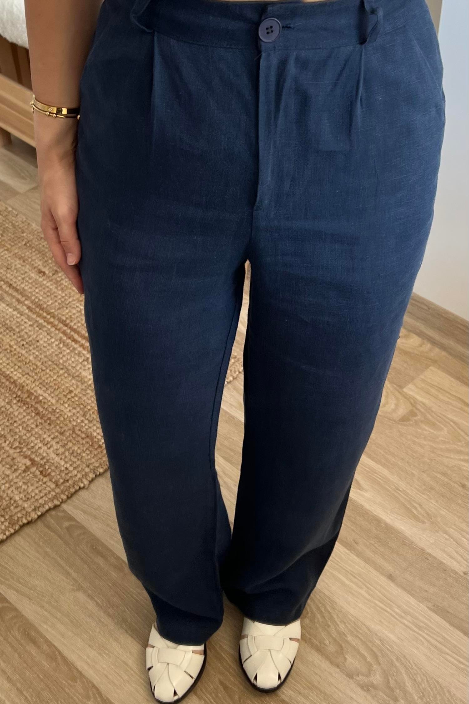 Lacivert Ham Keten Düz Kesim Pantolon uygun fiyatlarda www.butikhola.com adresinde