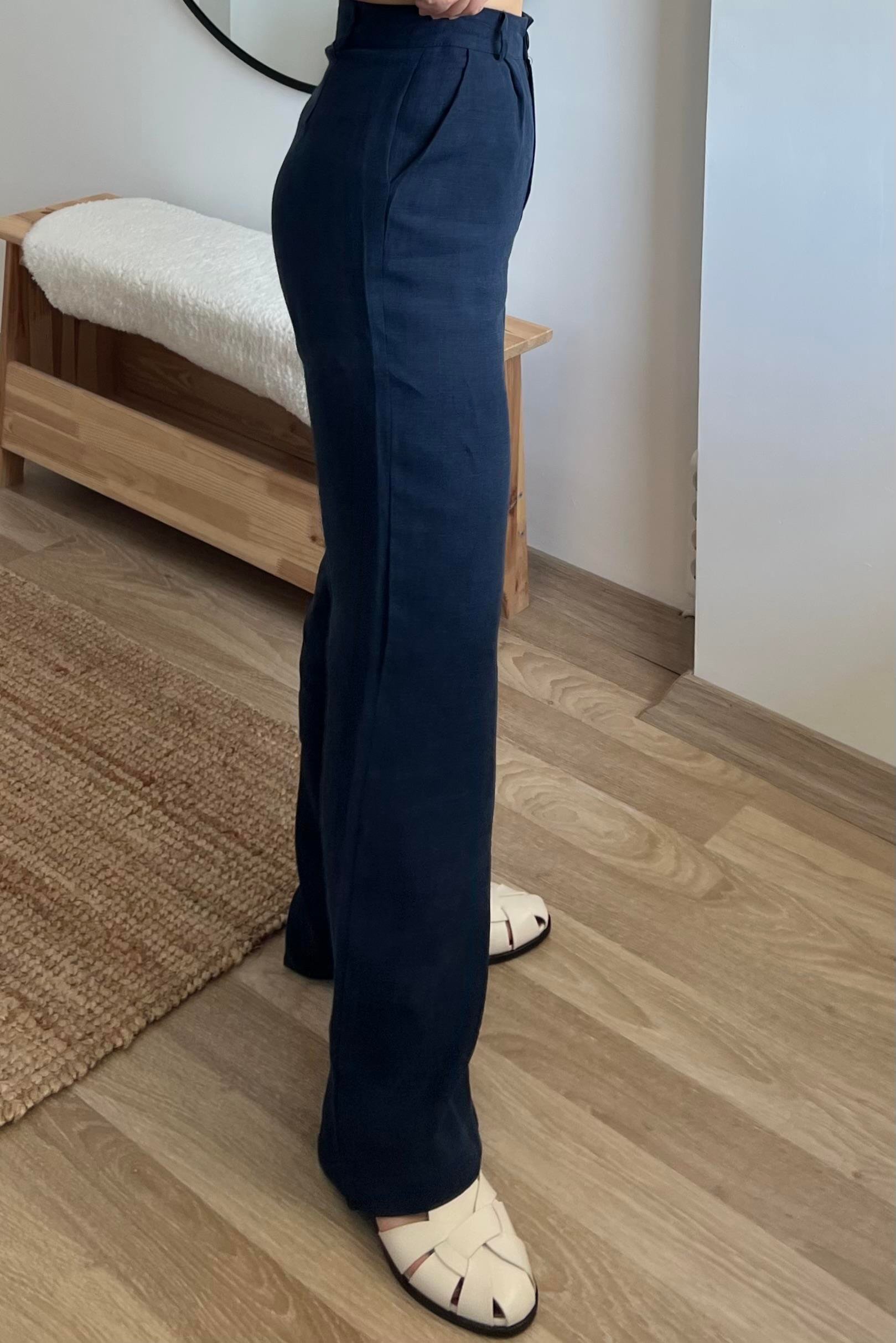 Lacivert Ham Keten Düz Kesim Pantolon uygun fiyatlarda www.butikhola.com adresinde