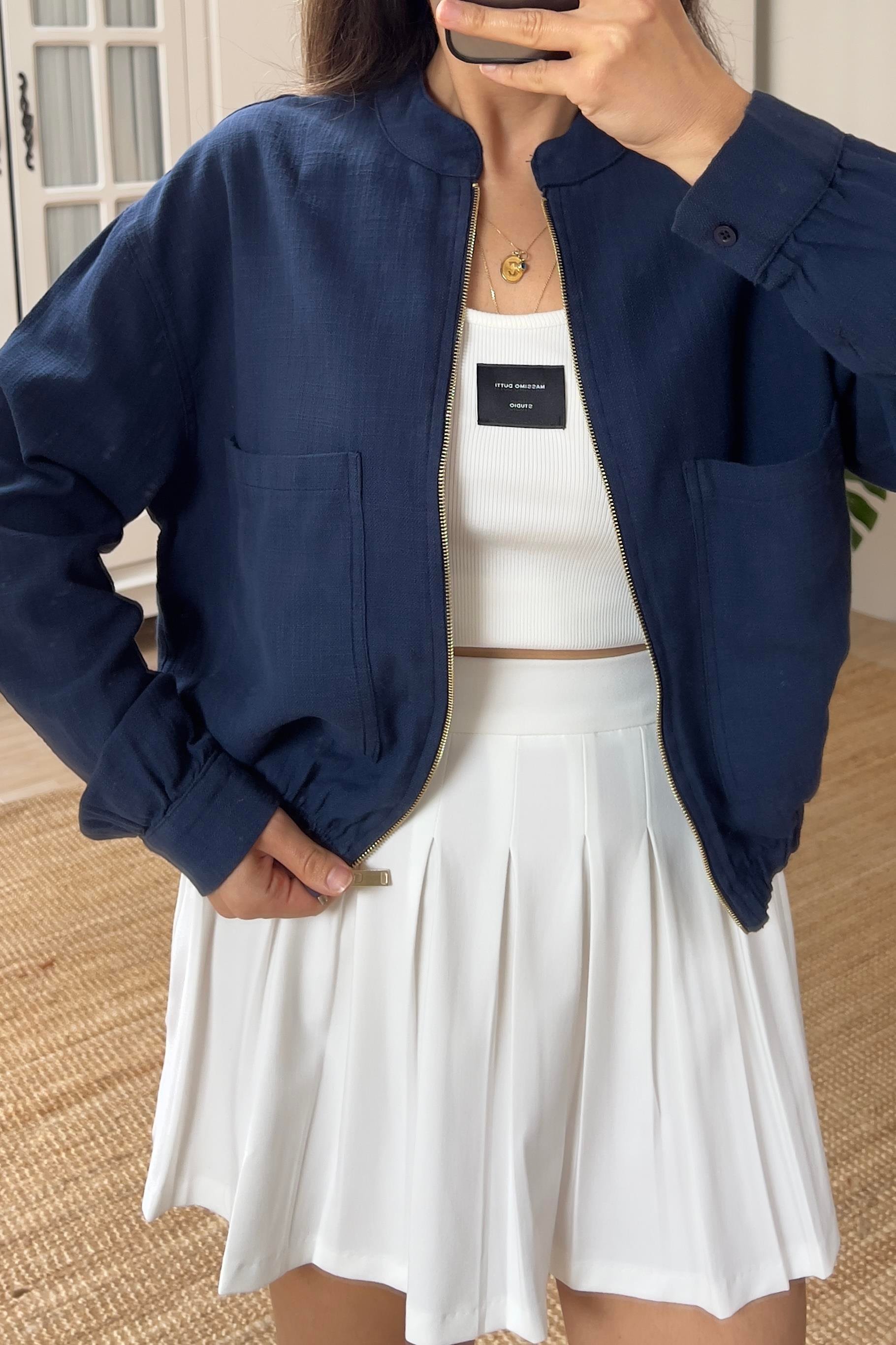 Lacivert Keten Bomber Ceket uygun fiyatlarda www.butikhola.com adresinde