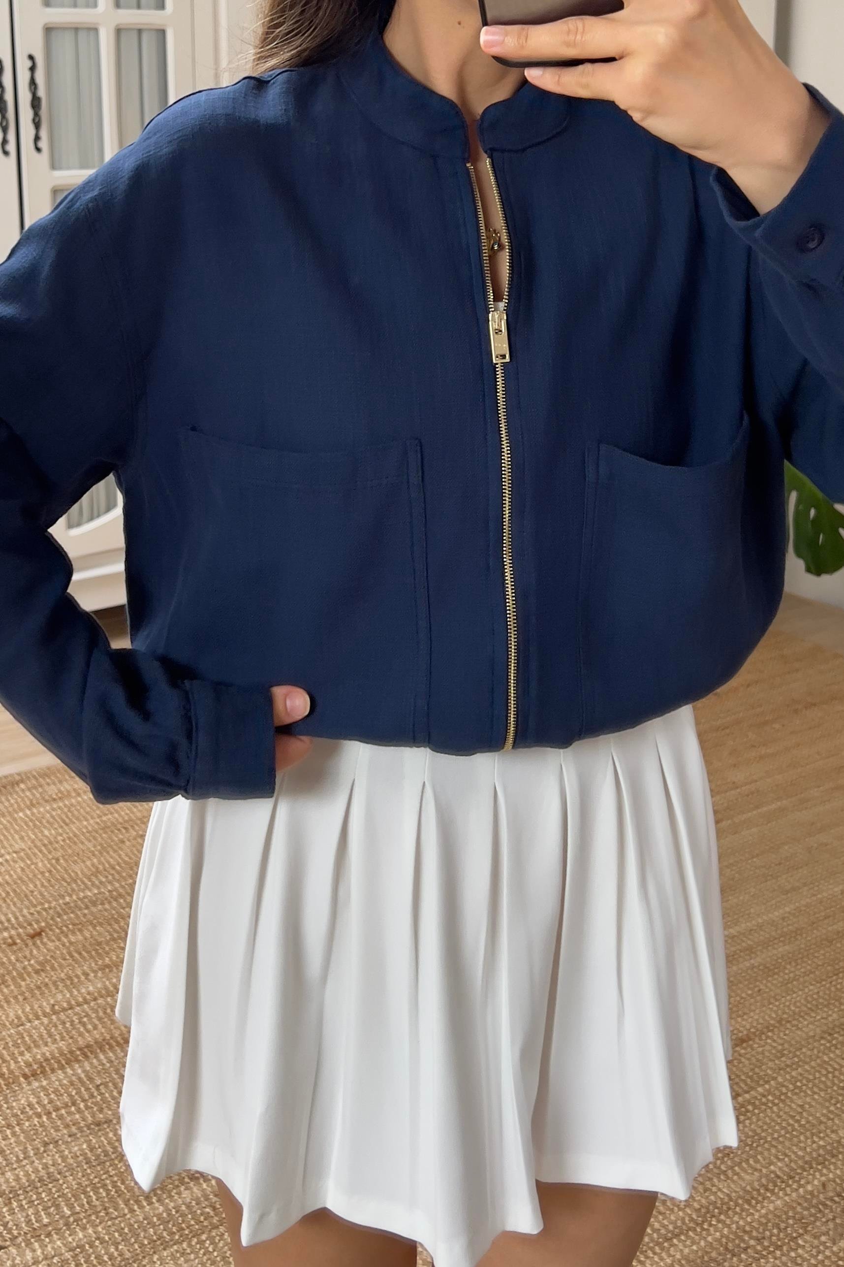 Lacivert Keten Bomber Ceket uygun fiyatlarda www.butikhola.com adresinde
