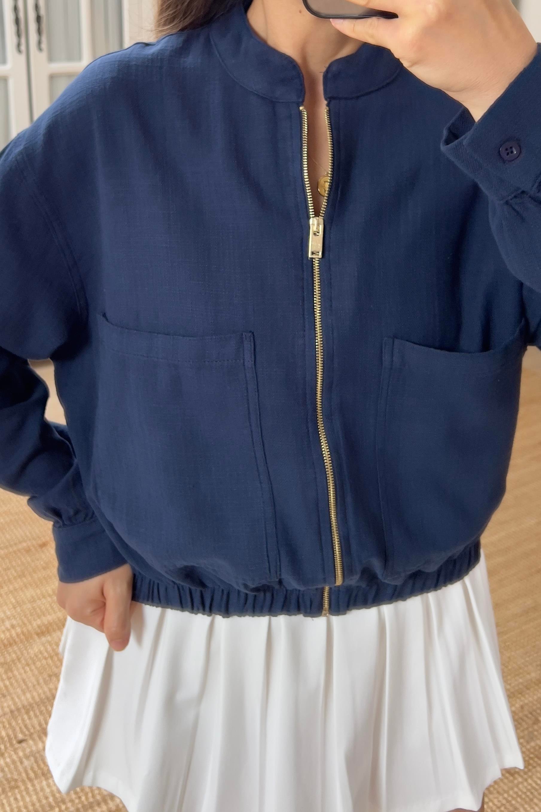 Lacivert Keten Bomber Ceket uygun fiyatlarda www.butikhola.com adresinde