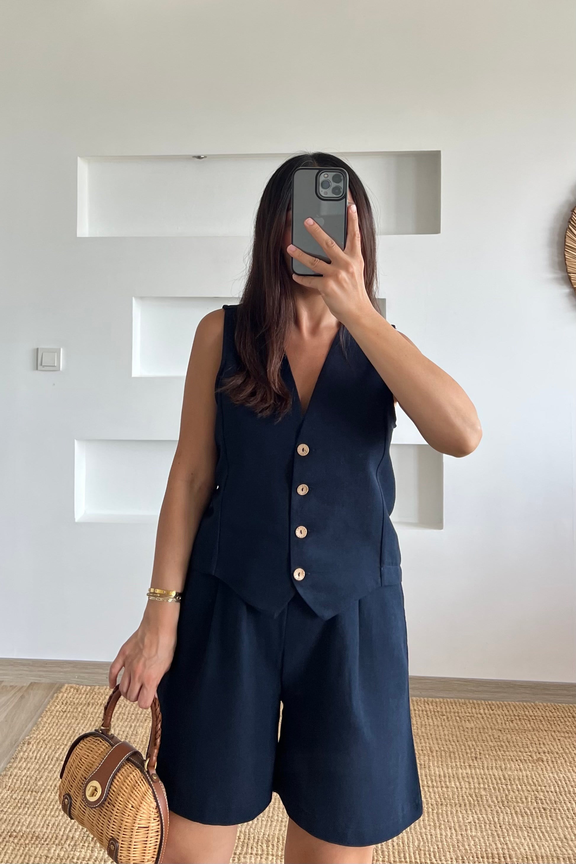 Lacivert Keten Yelek Şort Takım uygun fiyatlarda www.butikhola.com adresinde