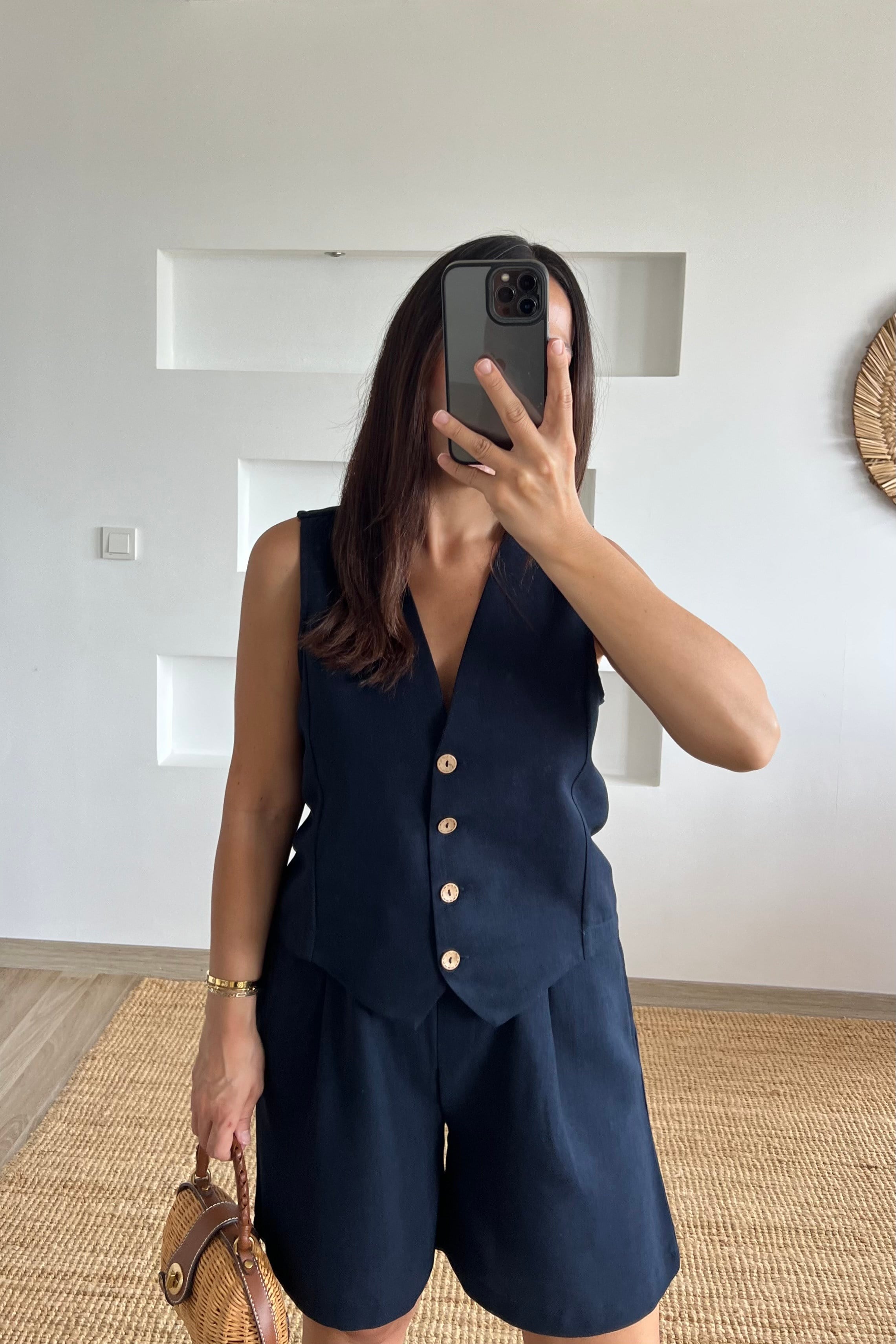 Lacivert Keten Yelek Şort Takım uygun fiyatlarda www.butikhola.com adresinde