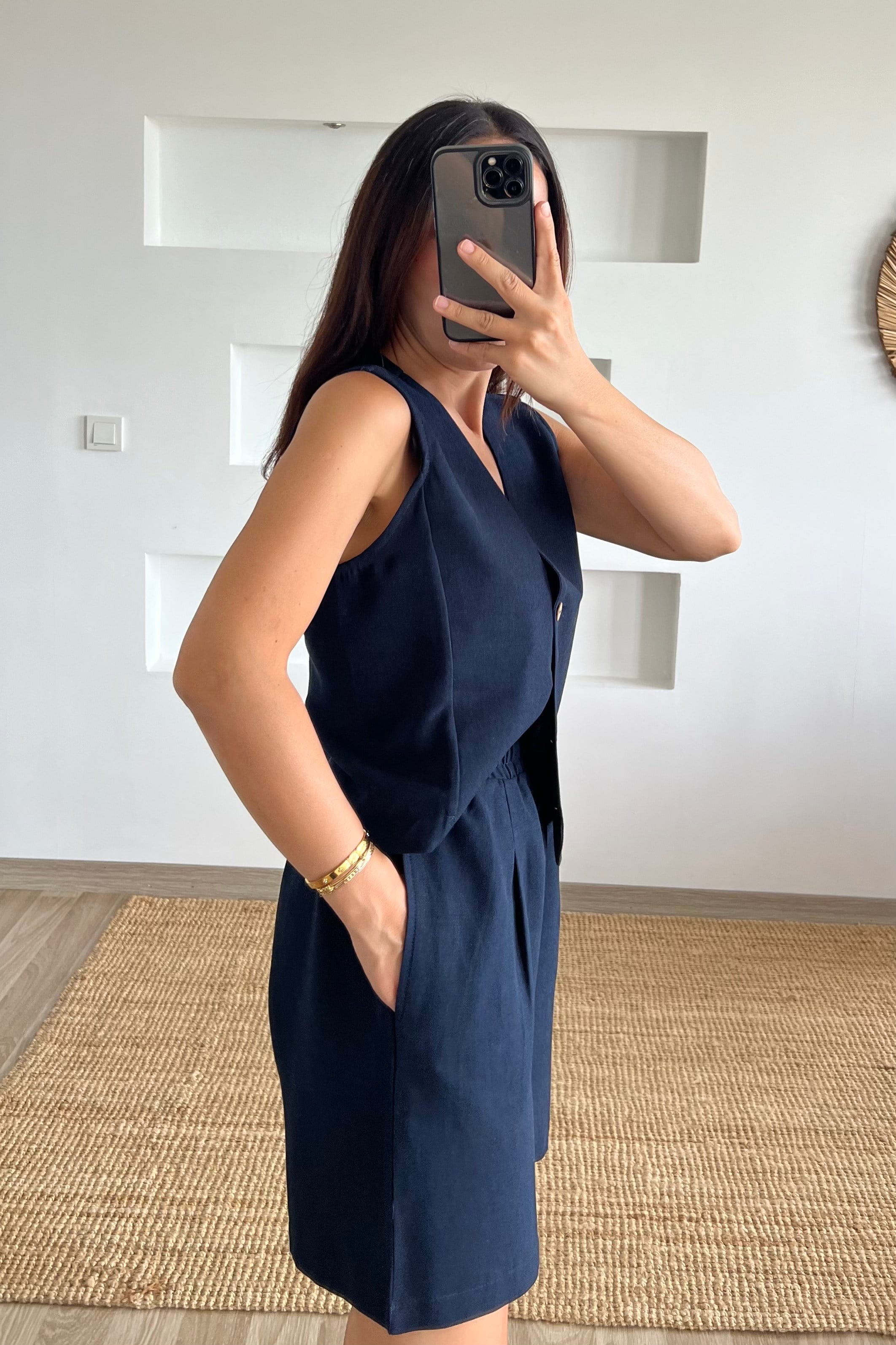 Lacivert Keten Yelek Şort Takım uygun fiyatlarda www.butikhola.com adresinde