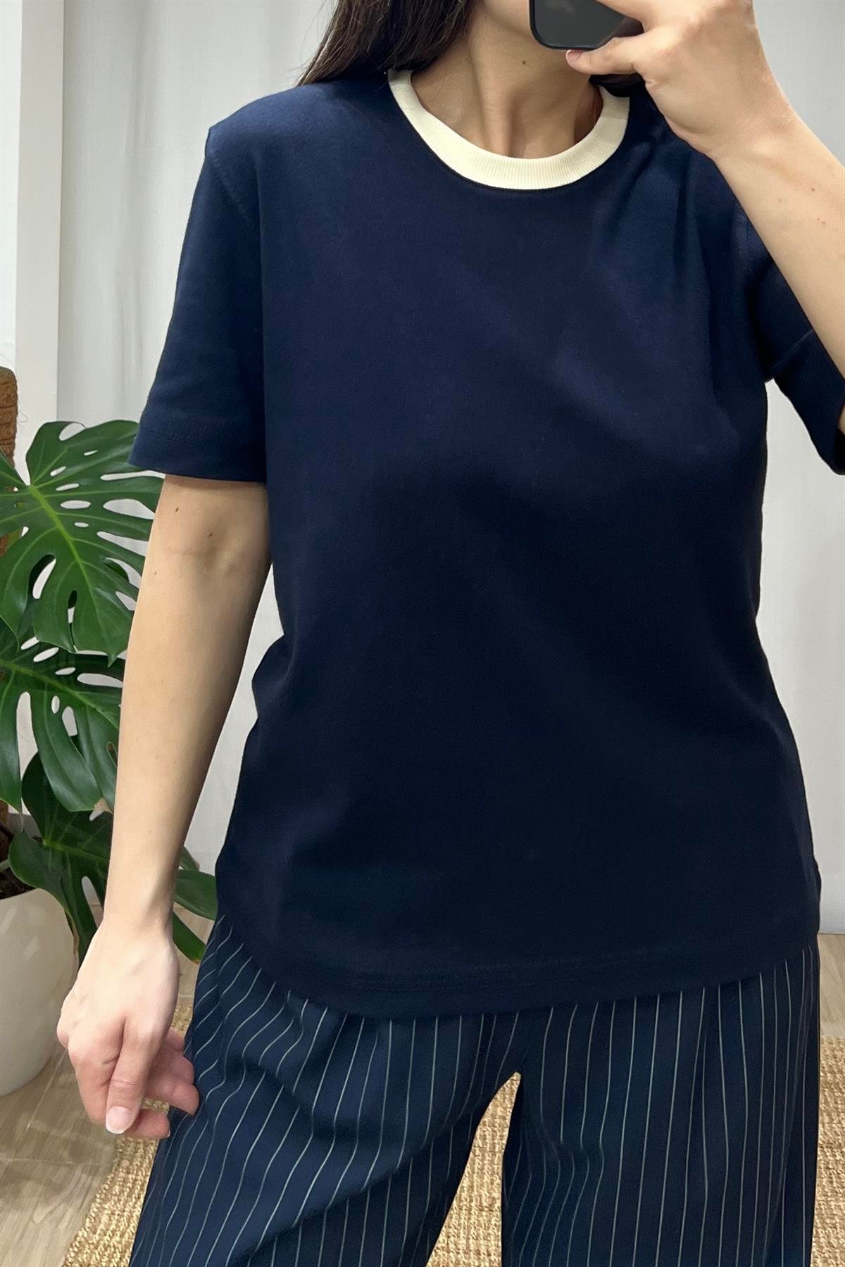 Lacivert Kontrast Biyeli Tshirt uygun fiyatlarda www.butikhola.com adresinde