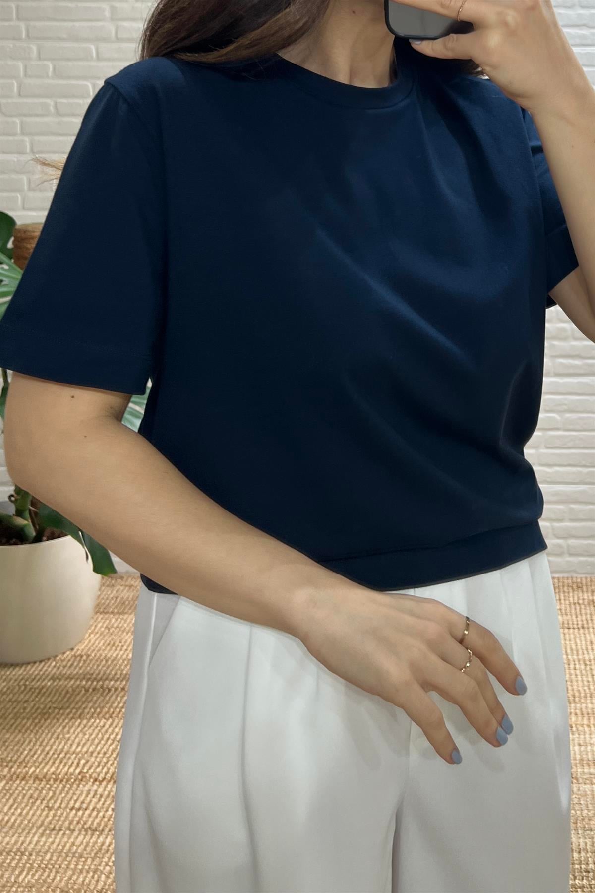 Lacivert Orjinal Marka Likralı Basic Tshirt uygun fiyatlarda www.butikhola.com adresinde