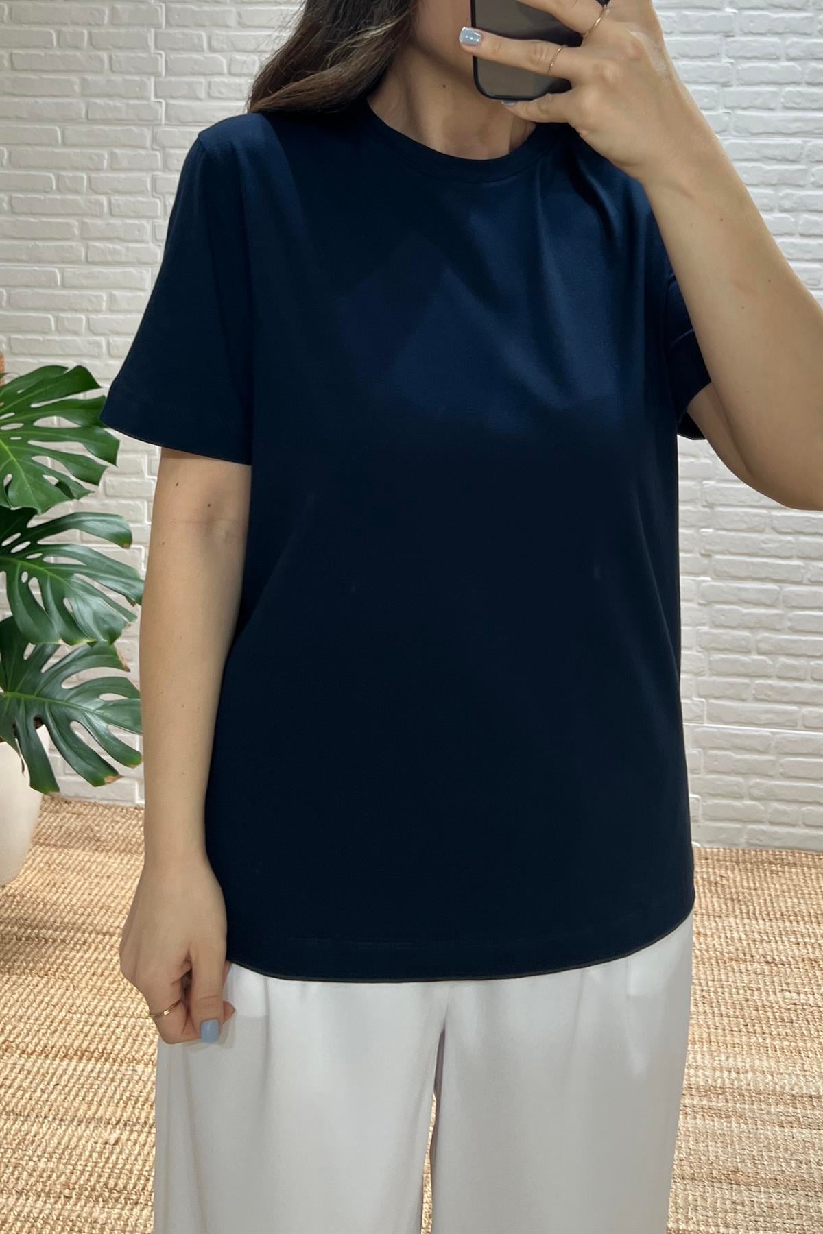 Lacivert Orjinal Marka Likralı Basic Tshirt uygun fiyatlarda www.butikhola.com adresinde