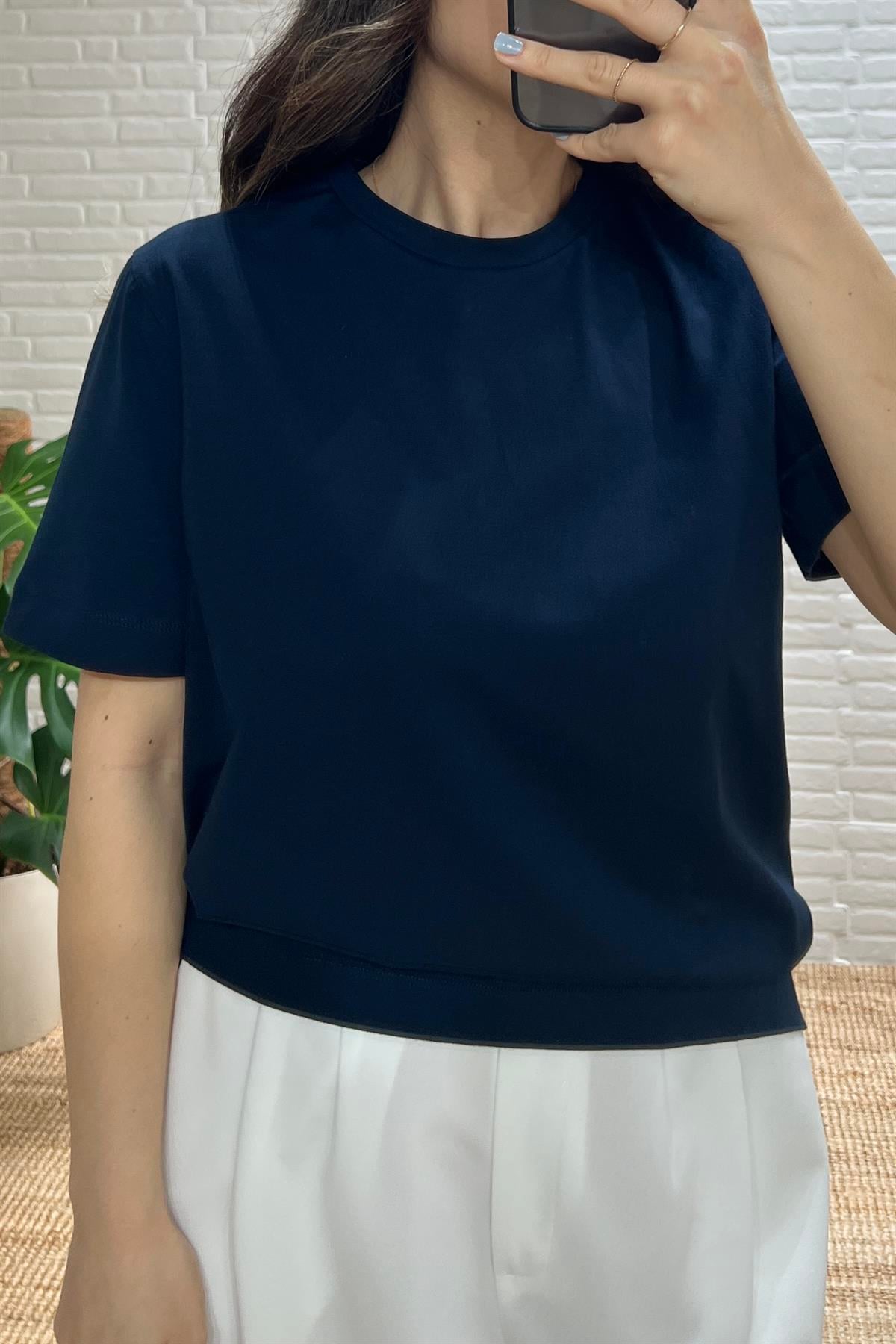 Lacivert Orjinal Marka Likralı Basic Tshirt uygun fiyatlarda www.butikhola.com adresinde