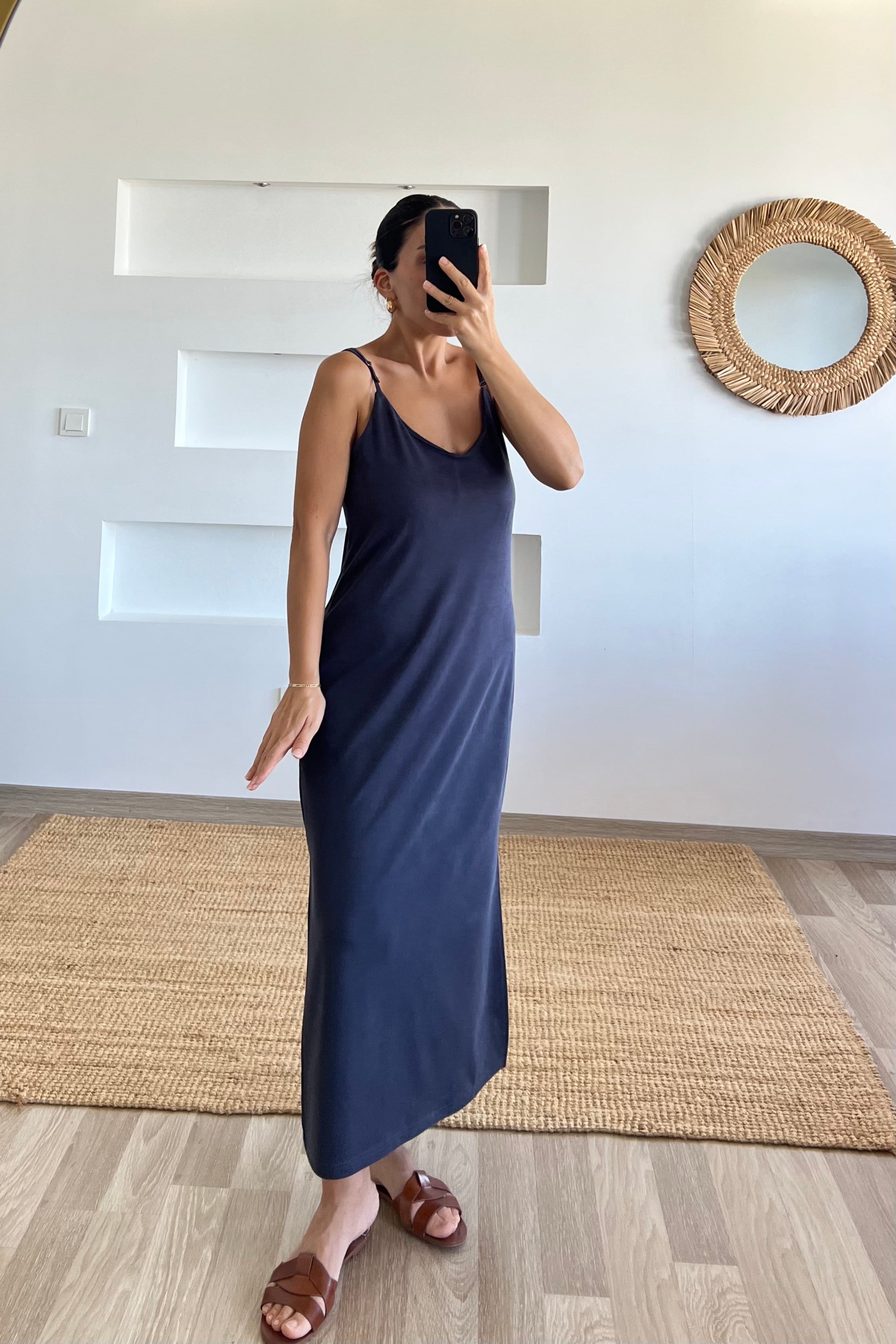 Lacivert Oysho Kumaş Modal  Ayarlanabilir Askılı Elbise uygun fiyatlarda www.butikhola.com adresinde